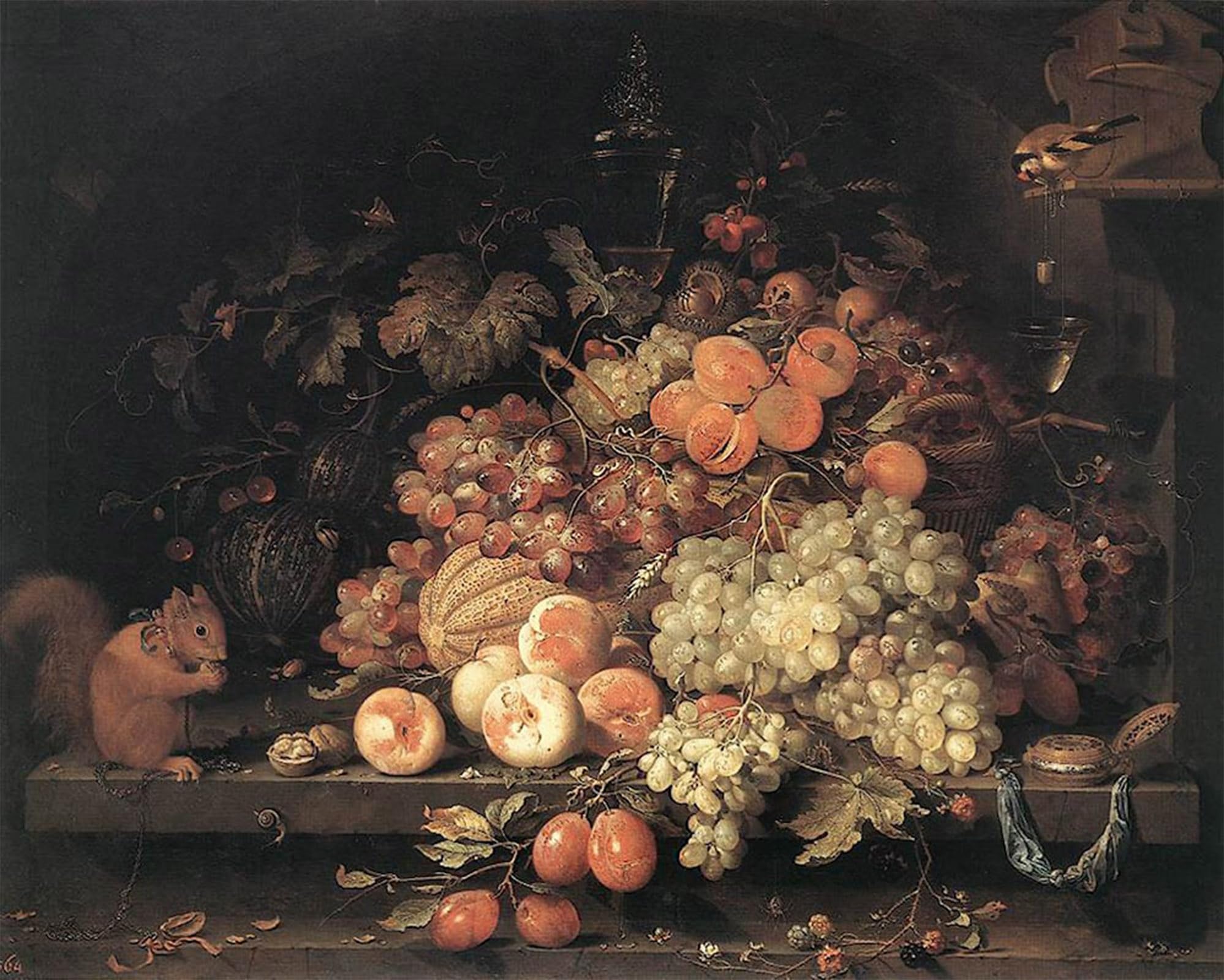 SERENDIPITP Aesthetic Poster Photo Wall Print Retro Picture Fruit Still-life with Squirrel and Goldfinch by Abraham Mignon Modern Wall Artwork for Home Decor 60x90cm