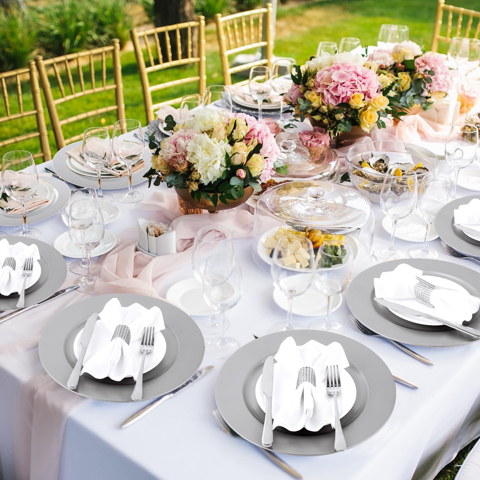 Zhehao 100 Pcs Charger Plates Bulk 13 Inch Round Wedding Chargers Plastic Plate Chargers Dinner Charger Plates for Christmas Table Setting Wedding Party Decoration(Silver)