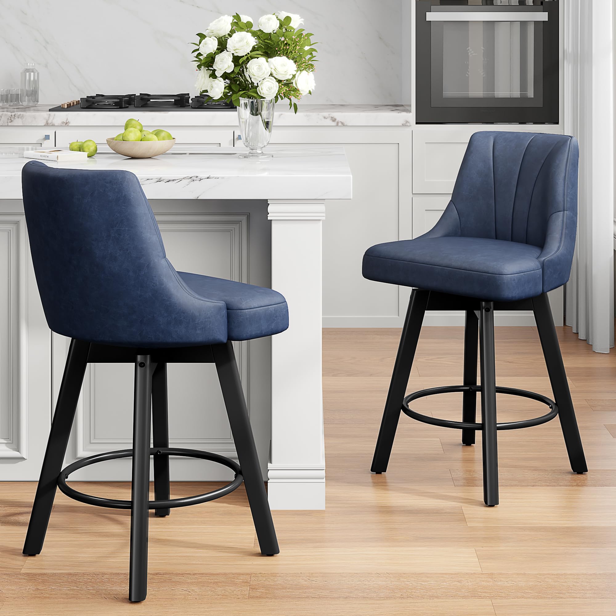 Counter Height Swivel Bar Stool, 24" Upholstered PU Leather Barstools Set of 2, Counter Stool Chair with Back & Solid Wood Legs for Kitchen Island Dining Room (Blue)