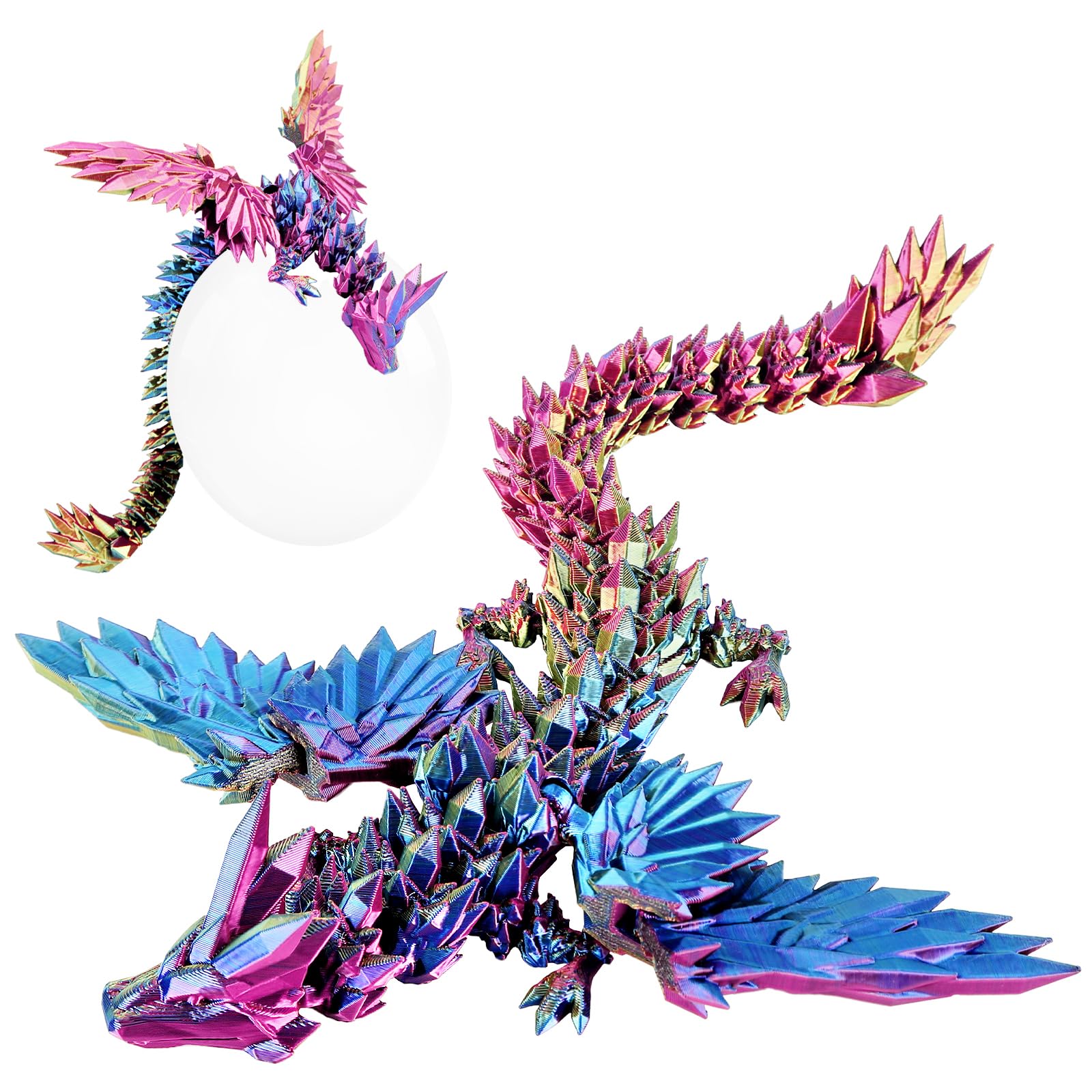 3D Printed Dragon with Wings Flying,Rainbow Crystal Articulated Dragon Fidget Toys,Red Yellow Blue