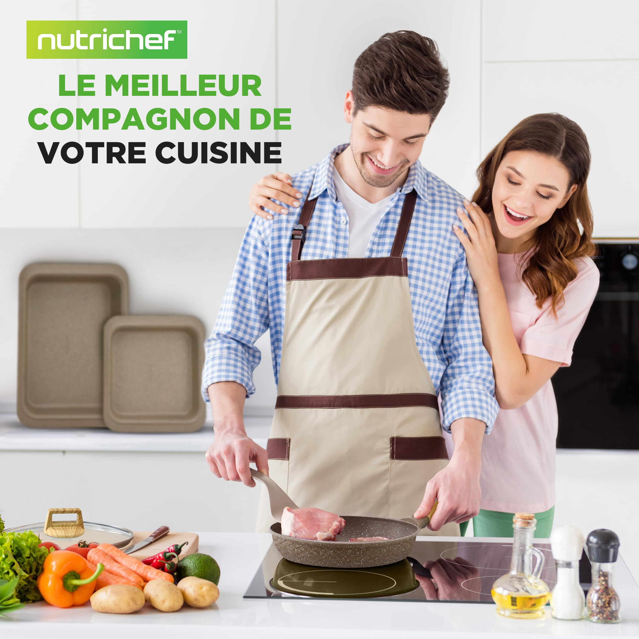 NutriChef Batterie de Cuisine 22 Pièces Marbre Marron – Casseroles et Poêles Antiadhésives, Compatible Induction, Ustensiles Résistants à la Chaleur – Collection Pro