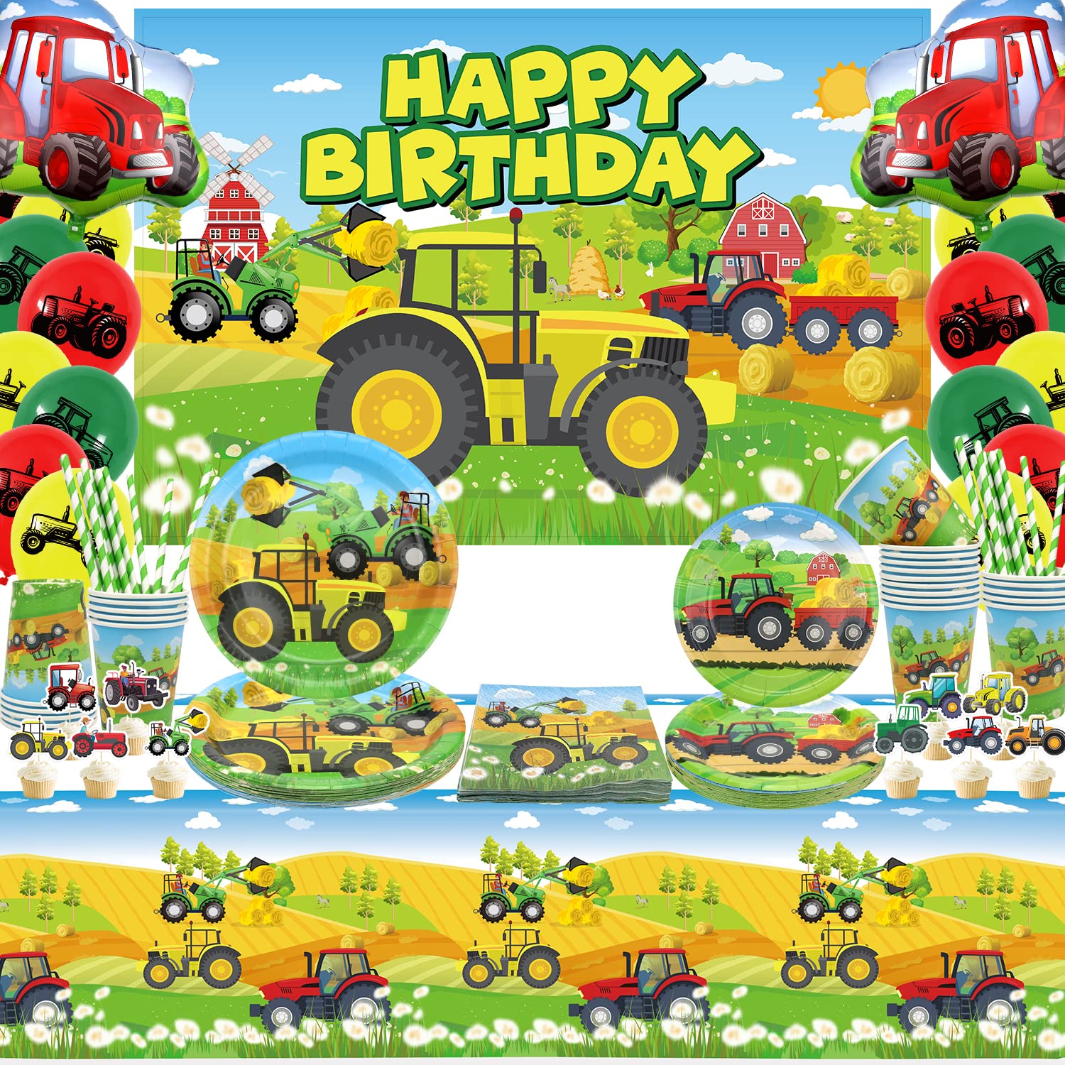 Set Festa A Tema Trattore Blu - Banner, Piatti, Tazze, Tovaglioli, Tovaglia Per 20 Persone - Foto 2