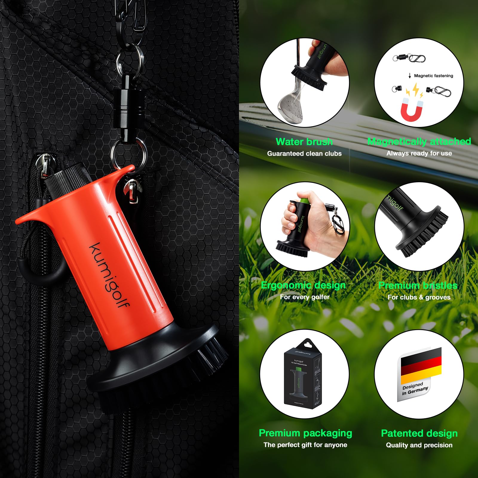 H3 szczotka do wody golfowej, funkcja spryskiwania i magnetyczne klipsy, szczotka do kijów golfowych, szczotka do czyszczenia klubu golfowego, wysokiej jakości i mocne włosie nylonowe do