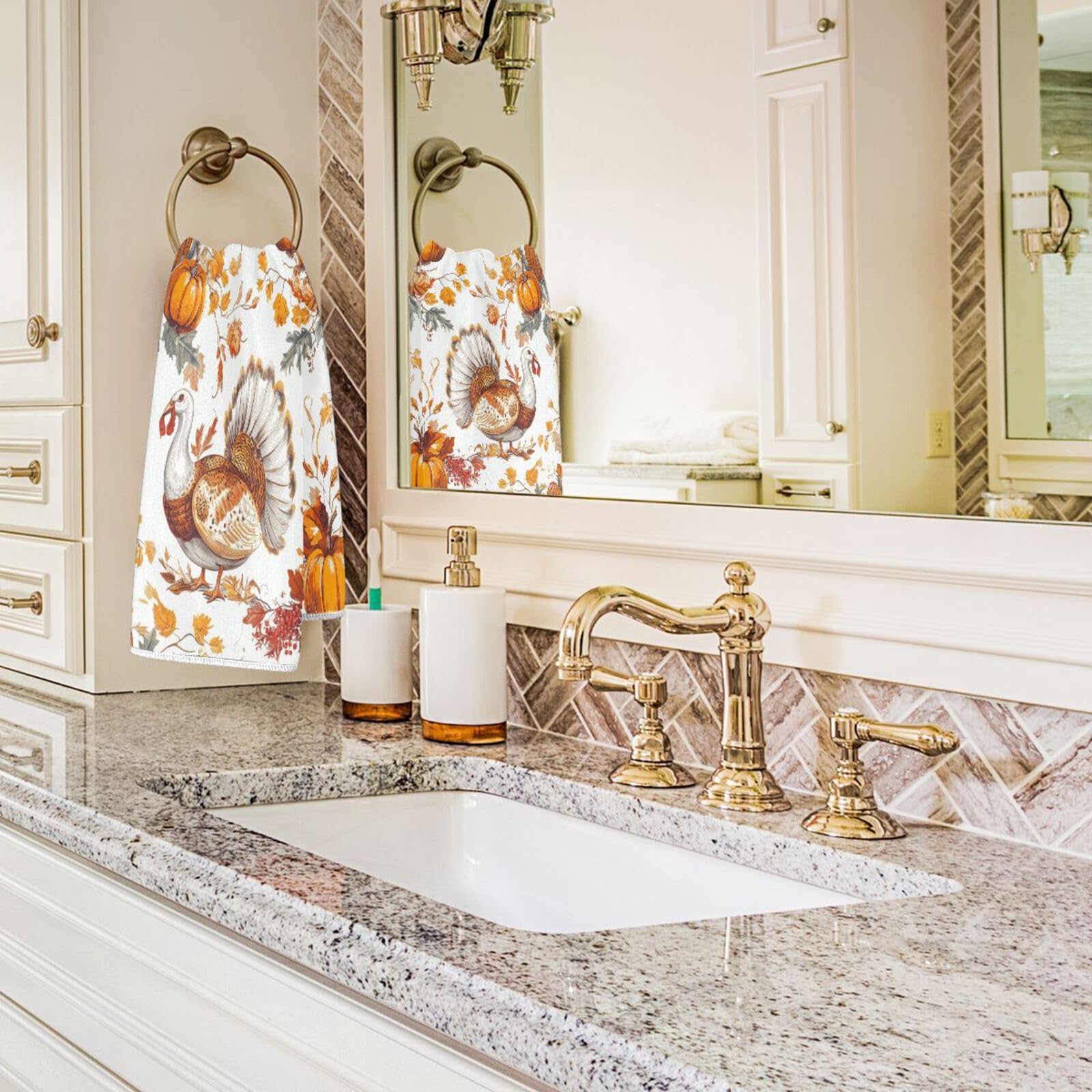 Peystean Soft Cotton Towels, Autumn Pumpkin Turkey Thanksgiving Absorbent Hand Towel Home Decor for Guest, Bathroom, Beach, Guest, Hotel, Gym and Spa(16