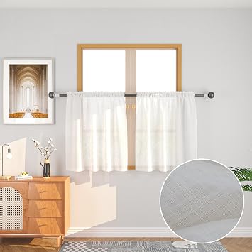 UPOPO White Sheer Kitchen Tier Curtains 30 inches Linen Textured Short Small Mini Sheer Cafe Curtains Over Sink Farmhouse Rustic Vintage Cabinet Caravan Door Bathroom 2 Panelss Rod Pocket 34"x30"