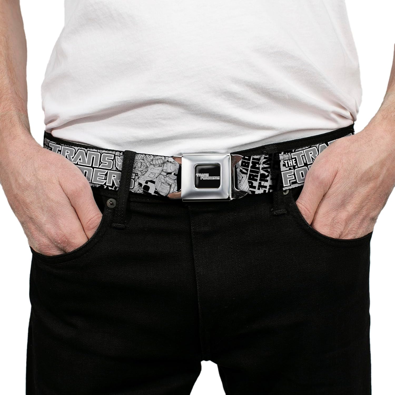 Transformers Belt, Seatbelt Buckle Belt, The Transformers Robots and Text Collage White Black Gray, Adjustable