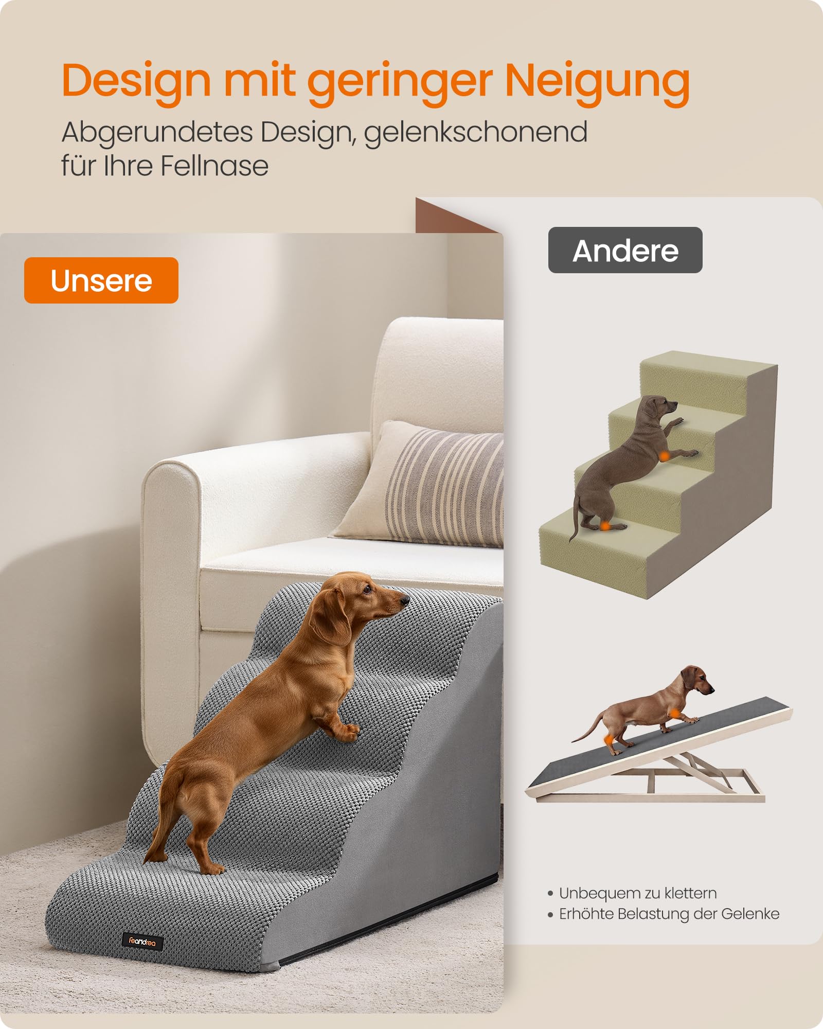 Feandrea Hundetreppe, 4 Stufen, Waffelcord, Haustiertreppe, für Bett, Sofa, wasserdicht, rutschfest, geringe Neigung, Abnehmbarer waschbarer Bezug, Griff, Taubengrau PPS014GD01