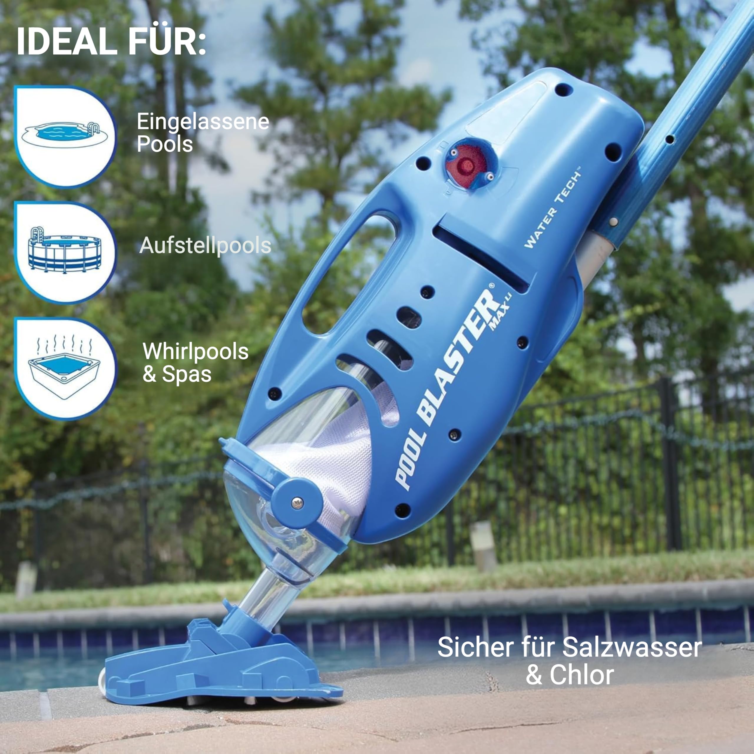Water Tech Pool Blaster Max Li Schwimmbadstaubsauger, mit wiederaufladbarer Akku, kabelloser Poolsauger, Bürstenkopf 27cm, großer Filterbeutel