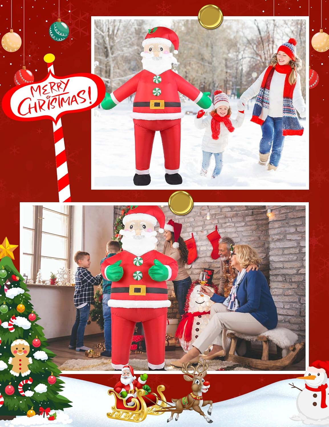 Christmas Inflatable Santa Claus Costume Adult Outfit Unisex Onesie Full Body Funny Costumes Men Women Fancy Dress Blow Up Suit for Halloween Xmas Holiday Cosplay Parties - Image 4
