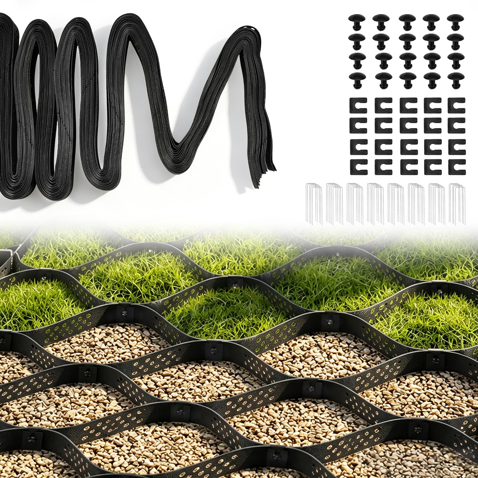 Geogriglia, 5 X 3M Celle Esagonali Per Ghiaia Tappetino Stabilizzatore In Plastica Altezza 5cm Include 40 Ancoraggi Al Suolo E 20 Fissaggi Stabilizzazione Terreno In Hdpe Griglie Prati Griglie Ghiaia