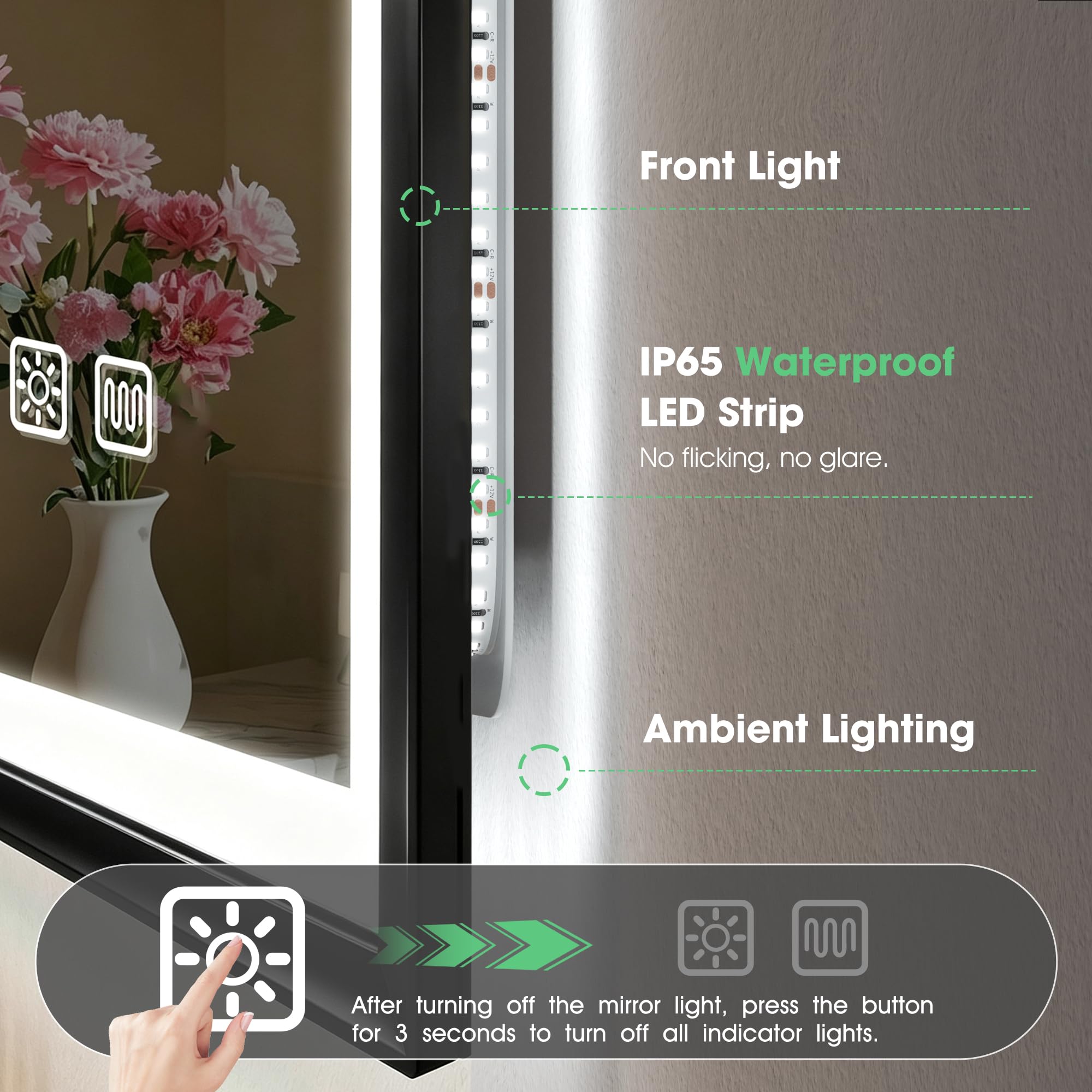 S'bagno Badspiegel mit Beleuchtung 70x50cm, Schwarzer Rahmen | LED Badezimmerspiegel mit Anti-Beschlag, 3 Farben, Dimmbar, Memory, ESG-Glas, CRI>90, IP44, Horizontal/Vertikal