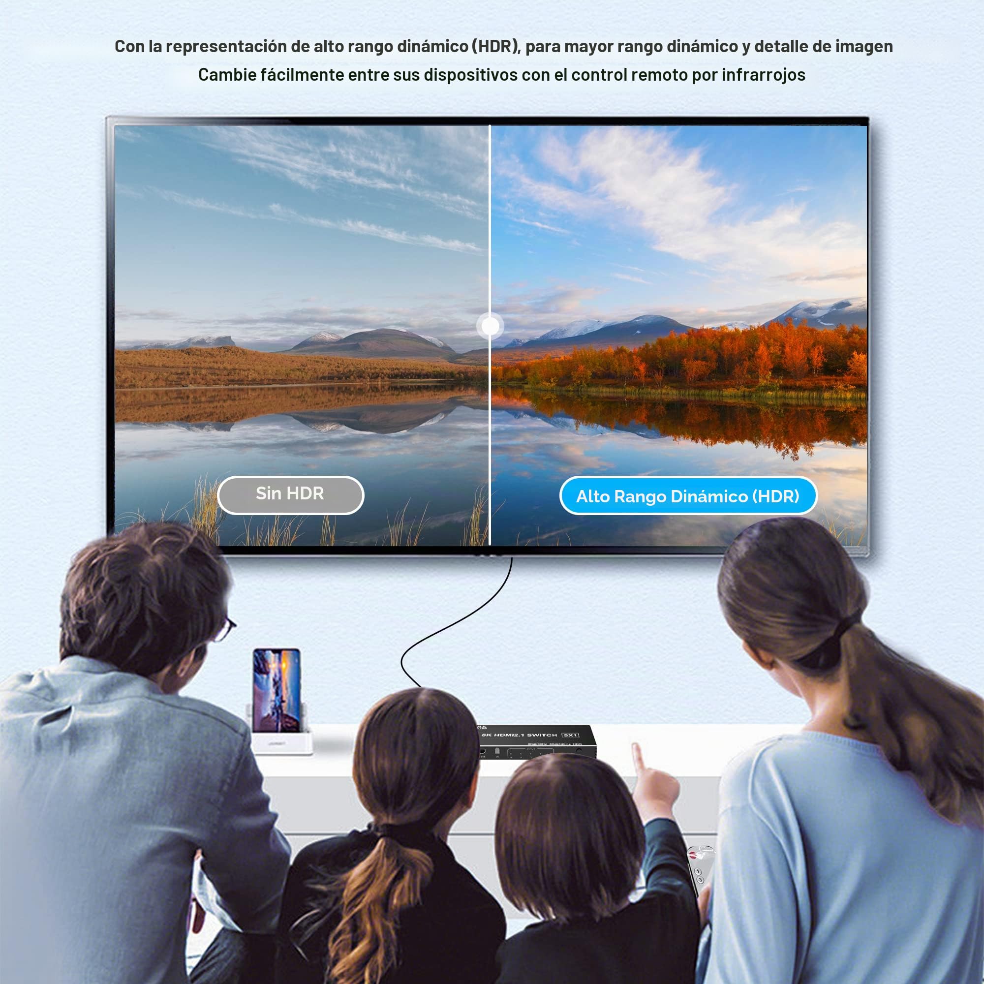 Conmutador HDMI 4K 120Hz 5 en 1 Divisor de Salida con Control Remoto - 8K @60Hz/4K @120Hz HDMI Switcher 5 Puertos para PS5, Xbox, PS4, PC TV