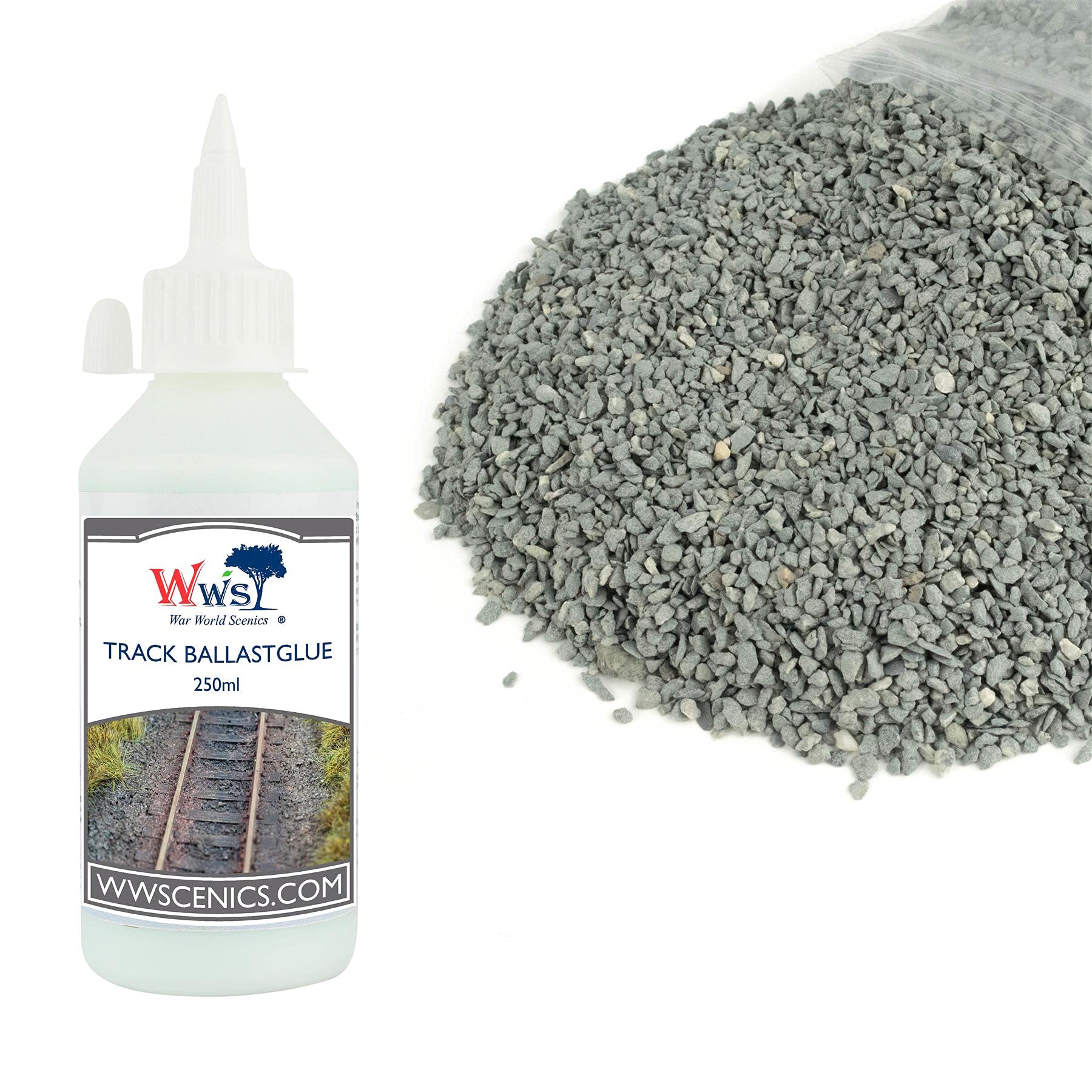 WWS War World Scenics WWScenics 500g Ballast & 250ml Glue Kit | Fine Dark Grey | Model Railway Tracks Stones — image 1