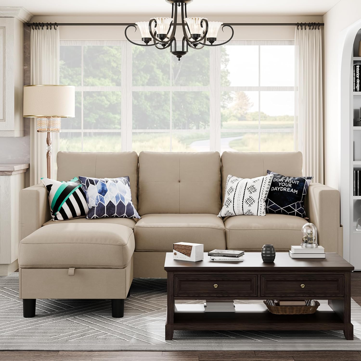 Shintenchi Convertible L-Shaped Sectional Sofa with Ottoman, 3-Seater Modern Linen Couch with Reversible Chaise and Armrest for Apartment, Office, Small Space(Beige)