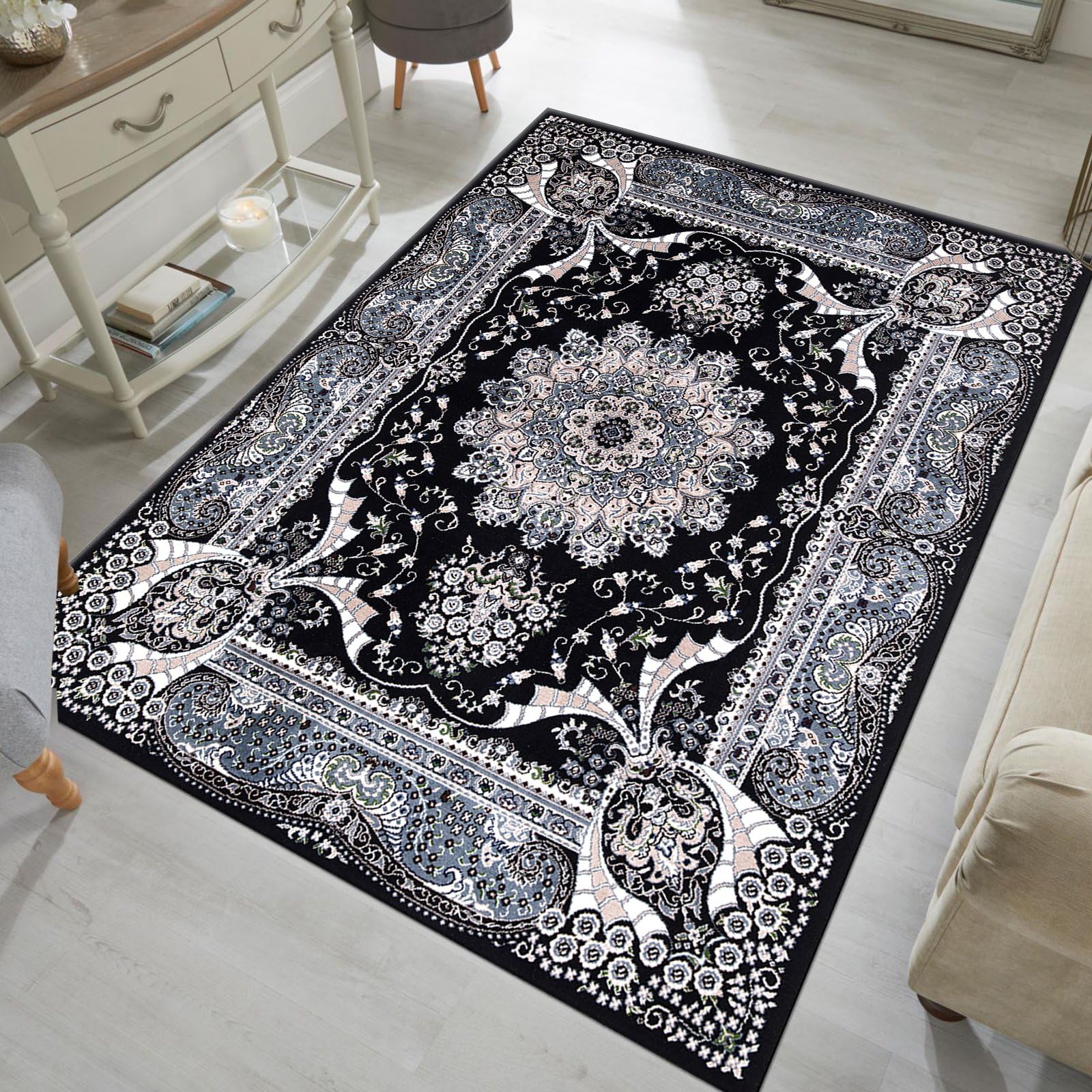 cozily® Turkish Black Rugs For Living Room 200 x 290 cm - Washable Large Area Rug for Bedroom - Rada Vintage Carpets For Living Room — image 1