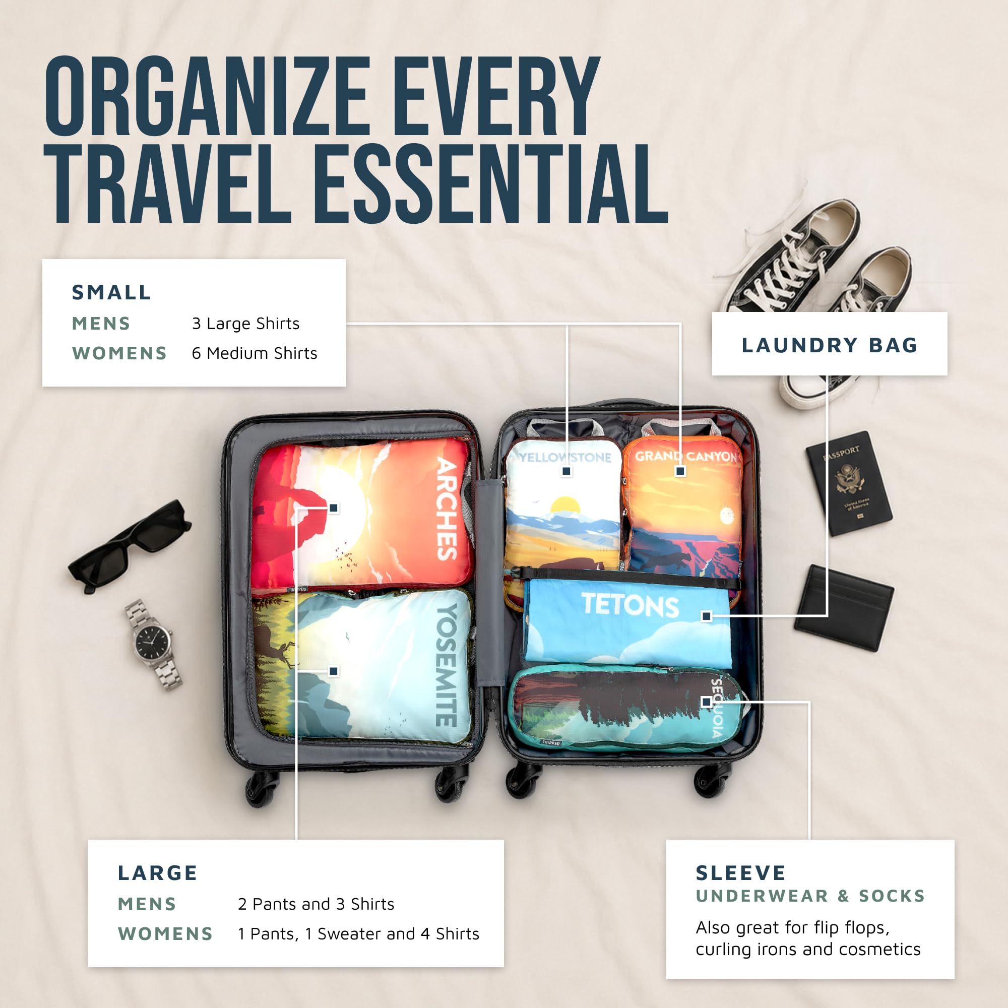 TRIPPED Travel Gear Set di cubi da viaggio a compressione, organizer per vestiti leggeri e resistenti, per bagagli e valigie