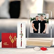 Giftplease Raksha Bandhan Gift for Brother | Personalized Acrylic Photo Frame with Wooden Stand, Rakhi, Roli Chawal & Greeting Card Combo | Custom Farme and Rakhi Gift Hamper for Bhai