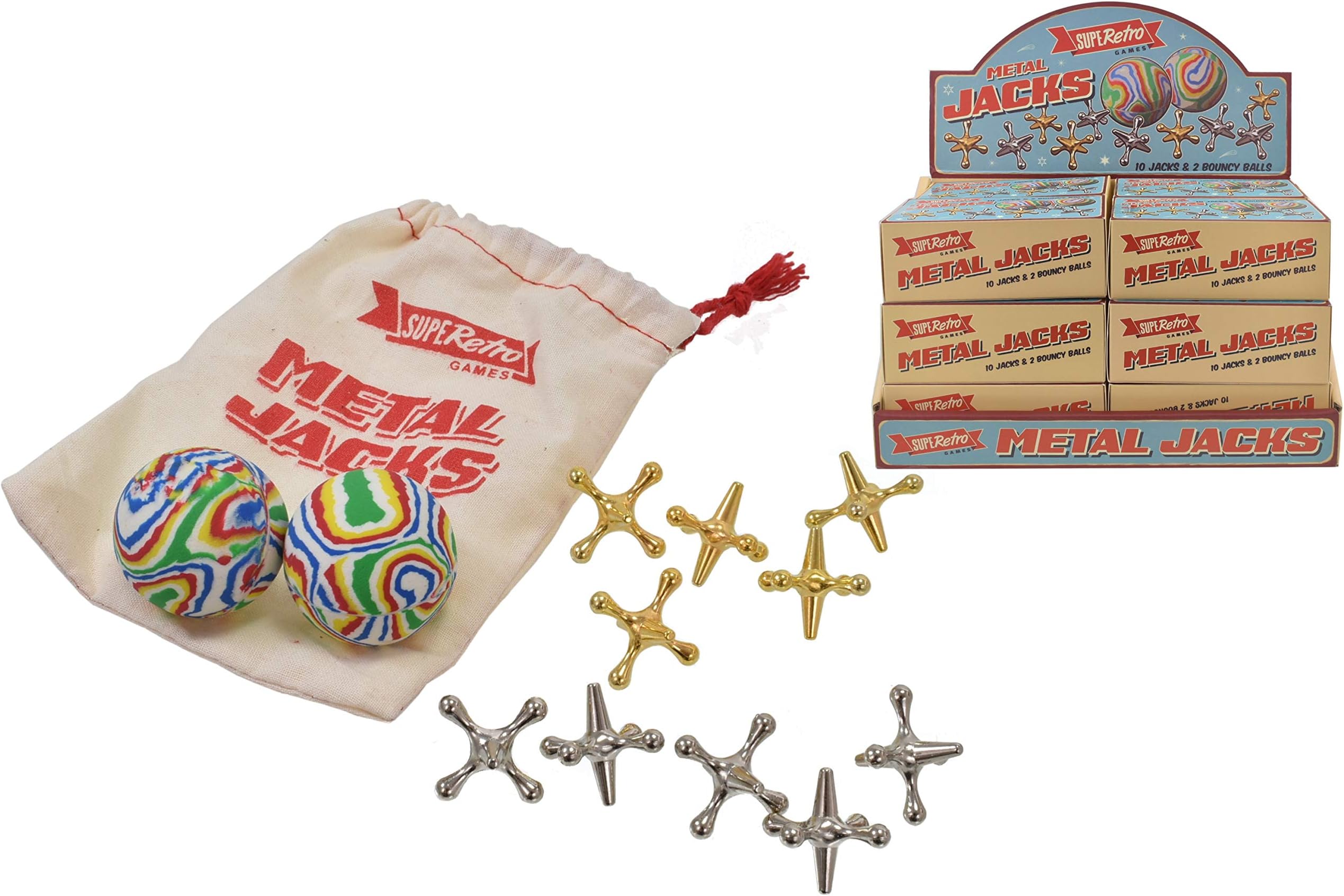 KandyToys Superetro Traditional Metal Jacks Game | Full Set + Travel Bag | Knucklebones Fivestones Classic Game
