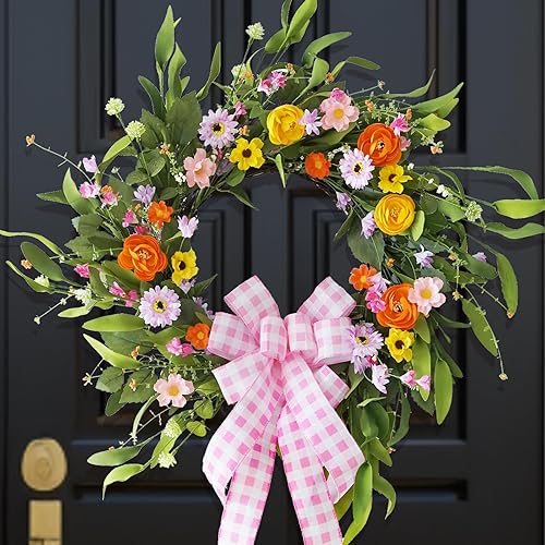 Spring Wreaths for Front Door Outside 22 Inch Handmade Silk Summer Flower Wreath Green Front Door Wreath Indoor Outdoor Home Farmhouse Easter Door Wreath for Spring Door Decor