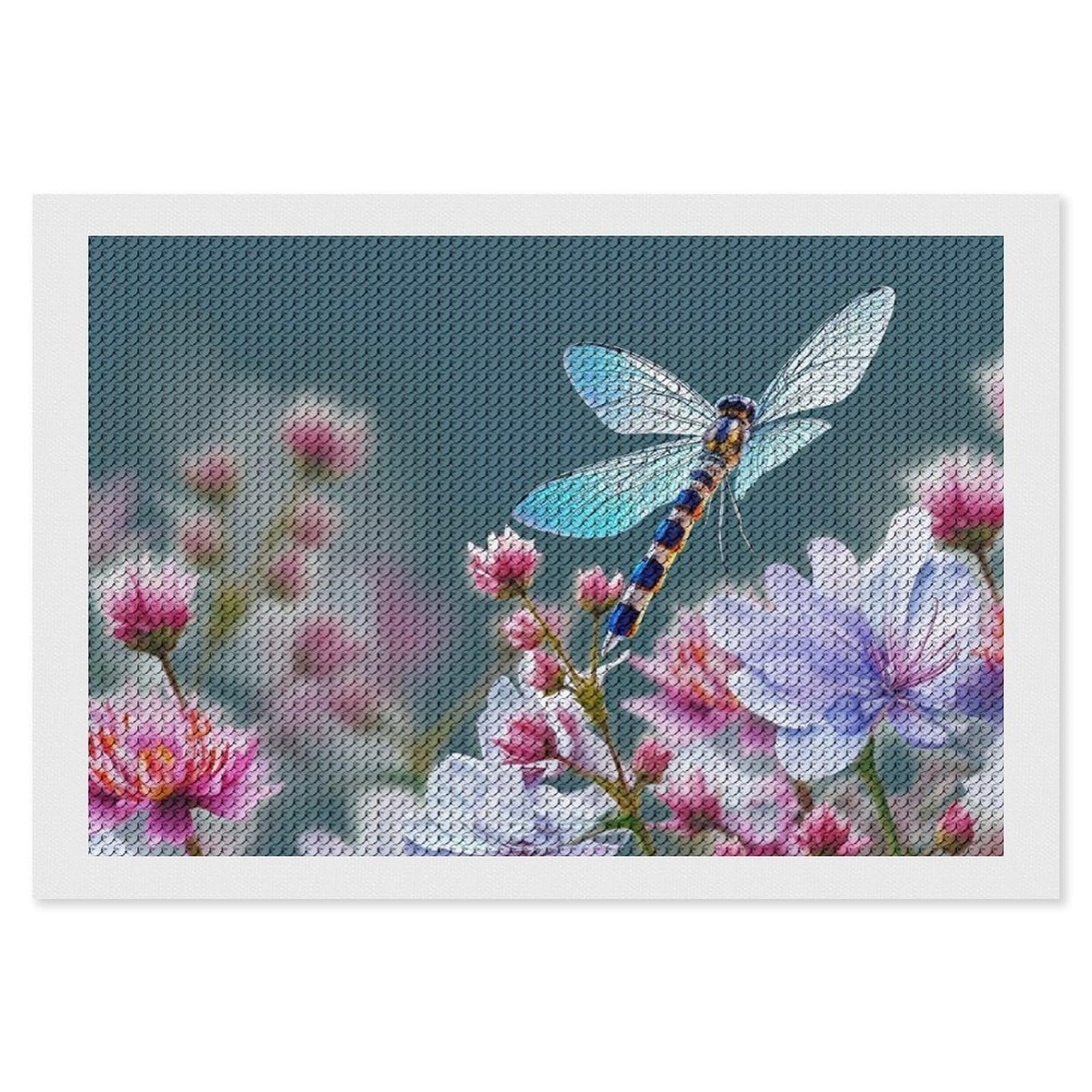 Dragonfly and Flowers Diamond Art Kits for Adults, DIY 5D Diamonds Painting Kits for Beginner, Round Full Drill Diamond Dots Painting, 8"x12" Diamonds Pictures Gem Art and Crafts Wall Decor