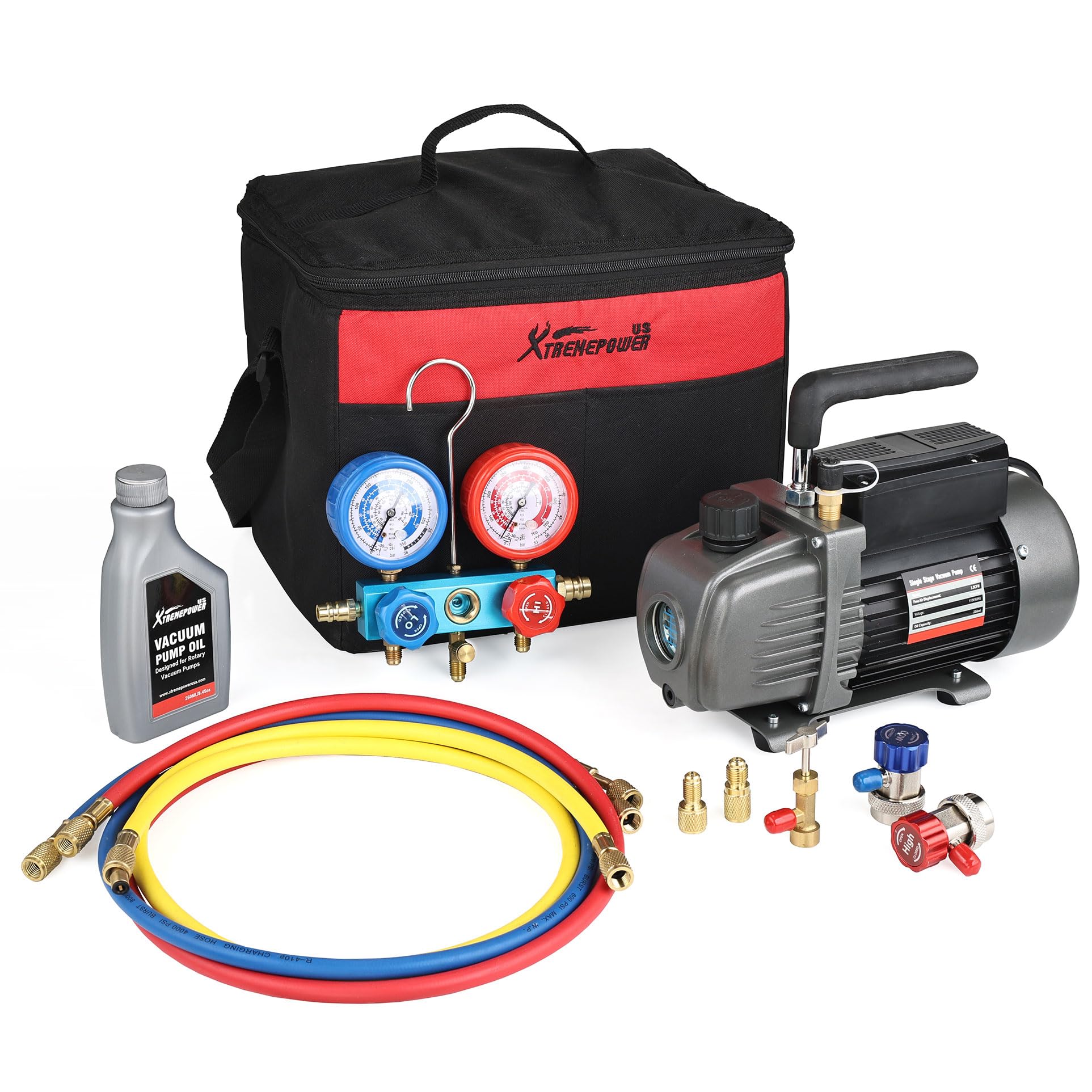 XtremepowerUS Vacuum Pump R134a R22 R32 R410A A/C Refrigeration with Manifold Gauge Can Tap Set Carrying Bag (Gen 1, 4.5 CFM)
