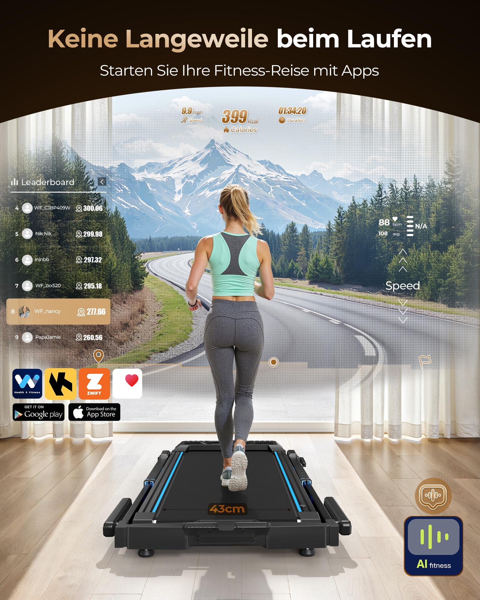 Cardirun Laufband für Zuhause Klappbar mit Automatischer Steigung, 14 KM/H | 6 in 1 Walking Pad mit 104cm Höhenverstellbarer Griff, 14KM/H, 3.5HP Leise Treadmill for Home mit LED-Anzeige, 160 KG