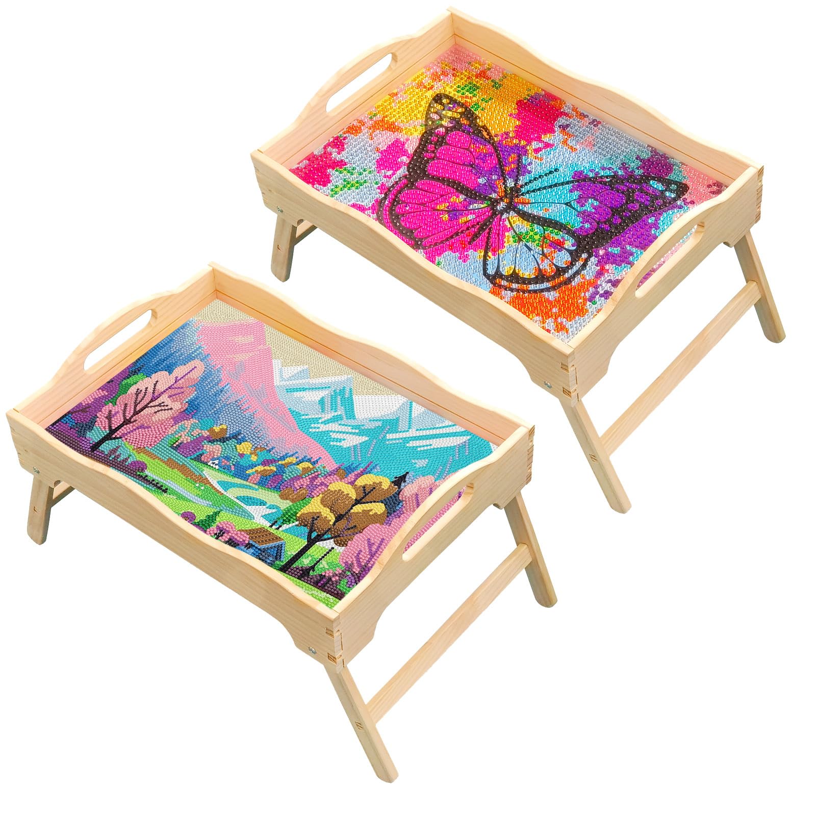 Lot de 2 plateaux de lit pliables en bois faits à la main pour le petit déjeuner, les collations et le travail – Idéal pour le canapé et le lit Design multifonction