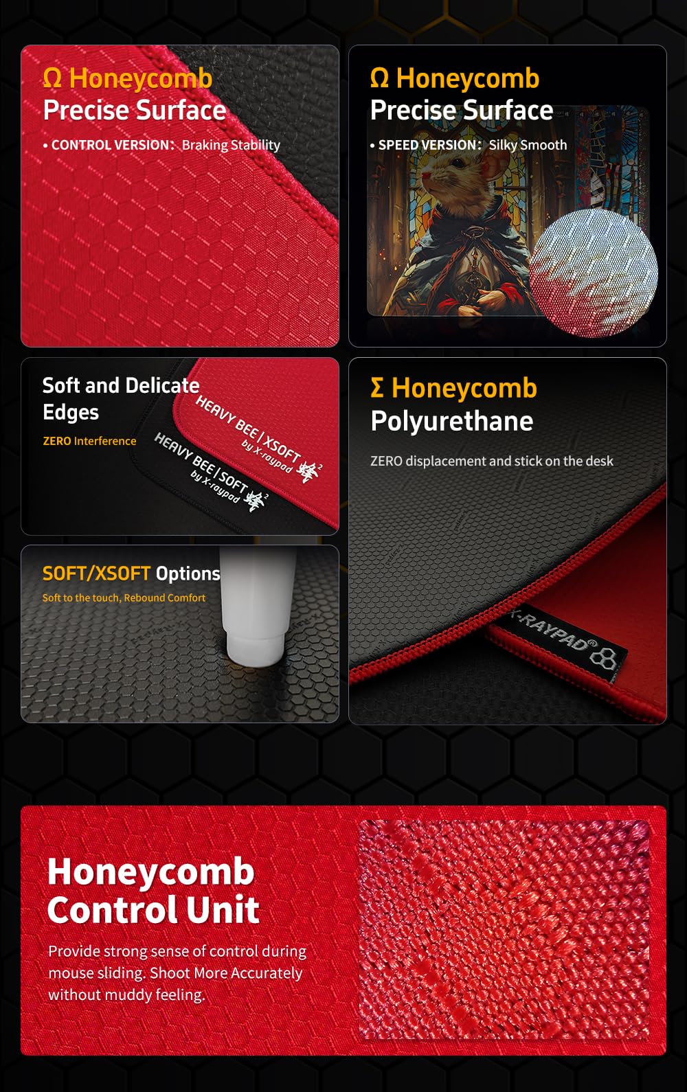 X-Raypad - Alfombrilla de mouse única para deportes electrónicos de abeja pesada, superficie de tela de panal diseñada para jugadores de Fps con bajos requisitos de DPI (rojo abeja pesada, 450 x 400 x