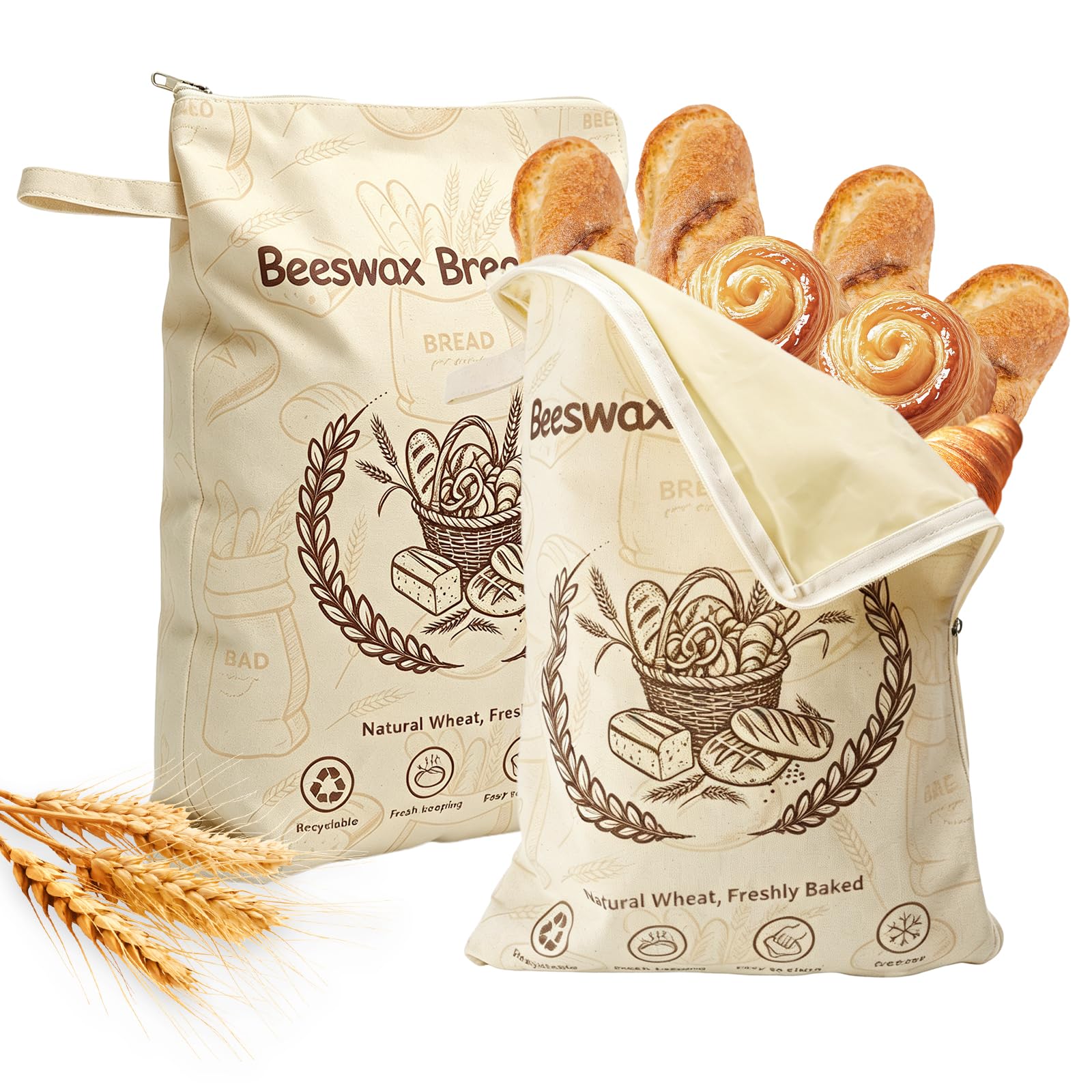 Reusable Beeswax Bread Bags for Freezer & Refrigerator, 45cm×32cm Natural Beeswax-Lined Cotton Storage Bags Airtight Freshness Keeper for Homemade, Bakery Essentials, Wide-Zipper 2 Pack — image 1