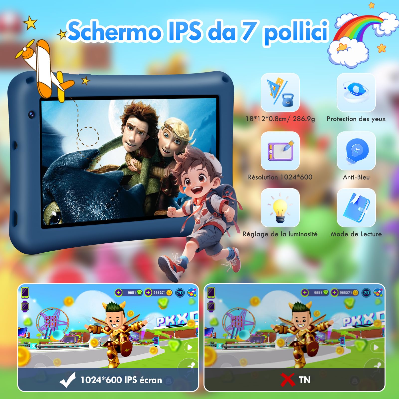 BRILLAR Tablet Bambini 7 Pollici,Android 13 Tableta,8(4+4) GB RAM, 64GB ROM(TF card 256 GB),Octa-Core,Controllo Parentale,WiFi,Tablet per Bambini con Custodia(Blu)