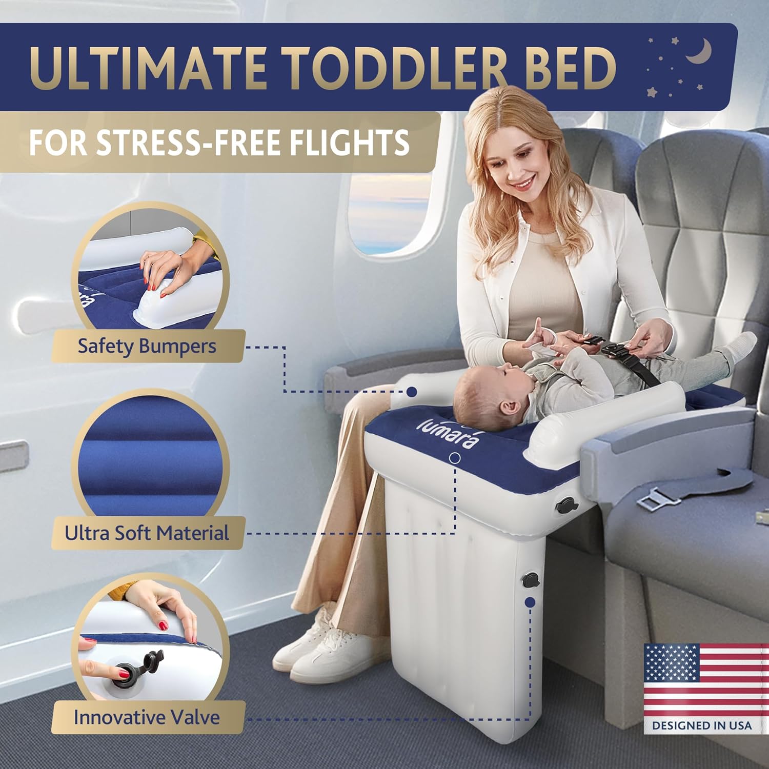 LUMARA Toddler Airplane Bed - Inflatable Airplane Bed for Toddlers, Plane Baby Mattress for Kids - Blow Up Air Mattress for Child Flight Sleep with Safety Belt, Innovative Valves, No Pump Needed