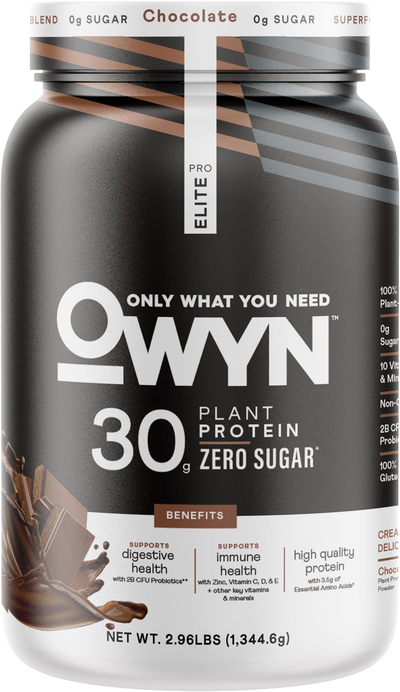 - Pro Elite Chocolate Flavored Protein Powder, 32g Protein, 0g Sugar, 3g Fiber, High Protein, Dairy Free, Gluten Free, Plant Based Protein Powder, 2.9LB