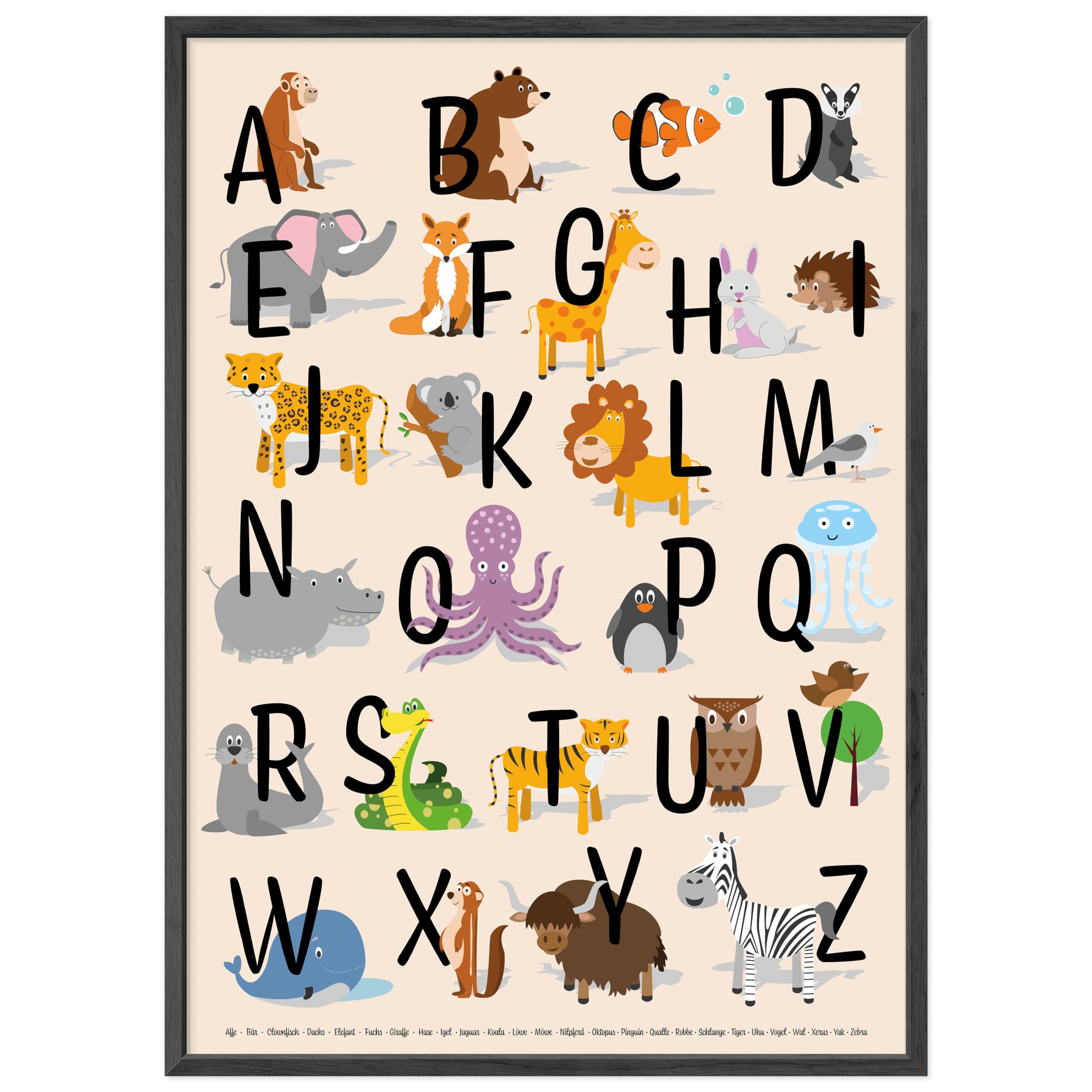 kizibi® ABC Poster DIN A2 mit Rahmen Schwarz für Kinderzimmer, Alphabet Poster für Mädchen und Jungen, Buchstaben zum Lernen, Tier Lernposter mit Buchstaben auf deutsch | Vorschule oder Grundschule