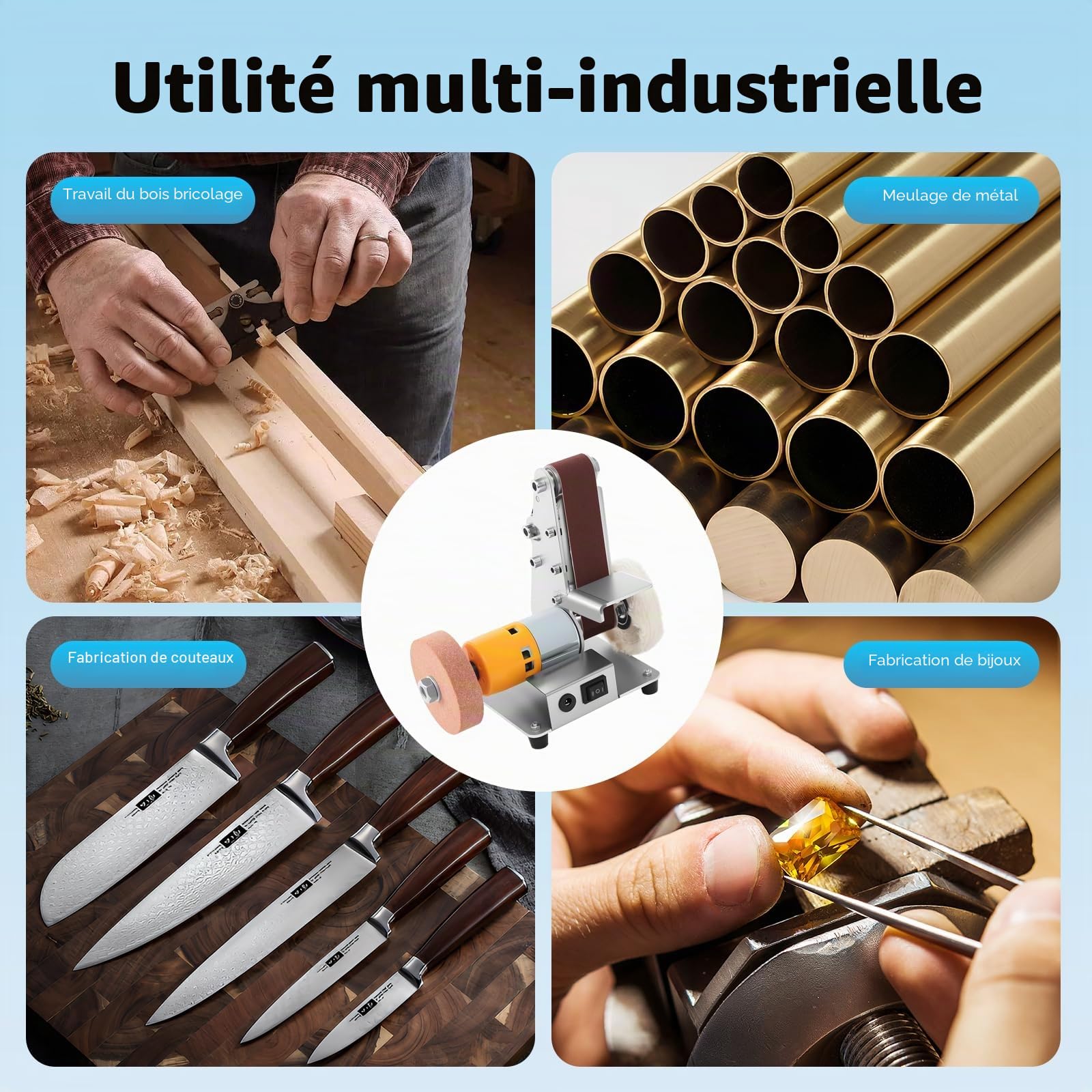 Ponceuse à bande, petite ponceuse électrique de table, polisseuse DIY, moteur en cuivre à double roulement à haute vitesse (4000-9000 tr/min) en acier inoxydable