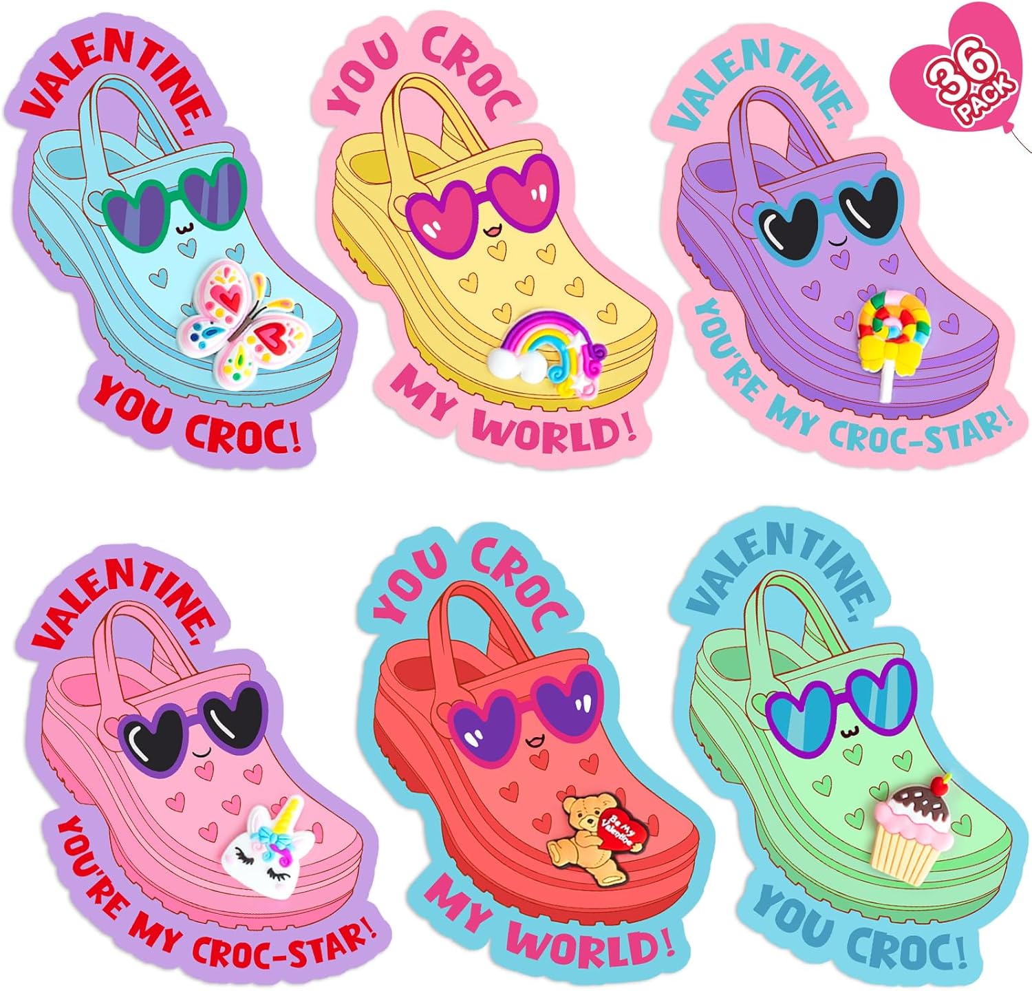 Valentines Day Cards for Kids School - Valentines Gifts for Kids - 36 Valentine Cards with Shoe Charms Bulk - Funny Valentine Exchange Card for Boys Girls Toddler Class Classroom Gift Party Favors