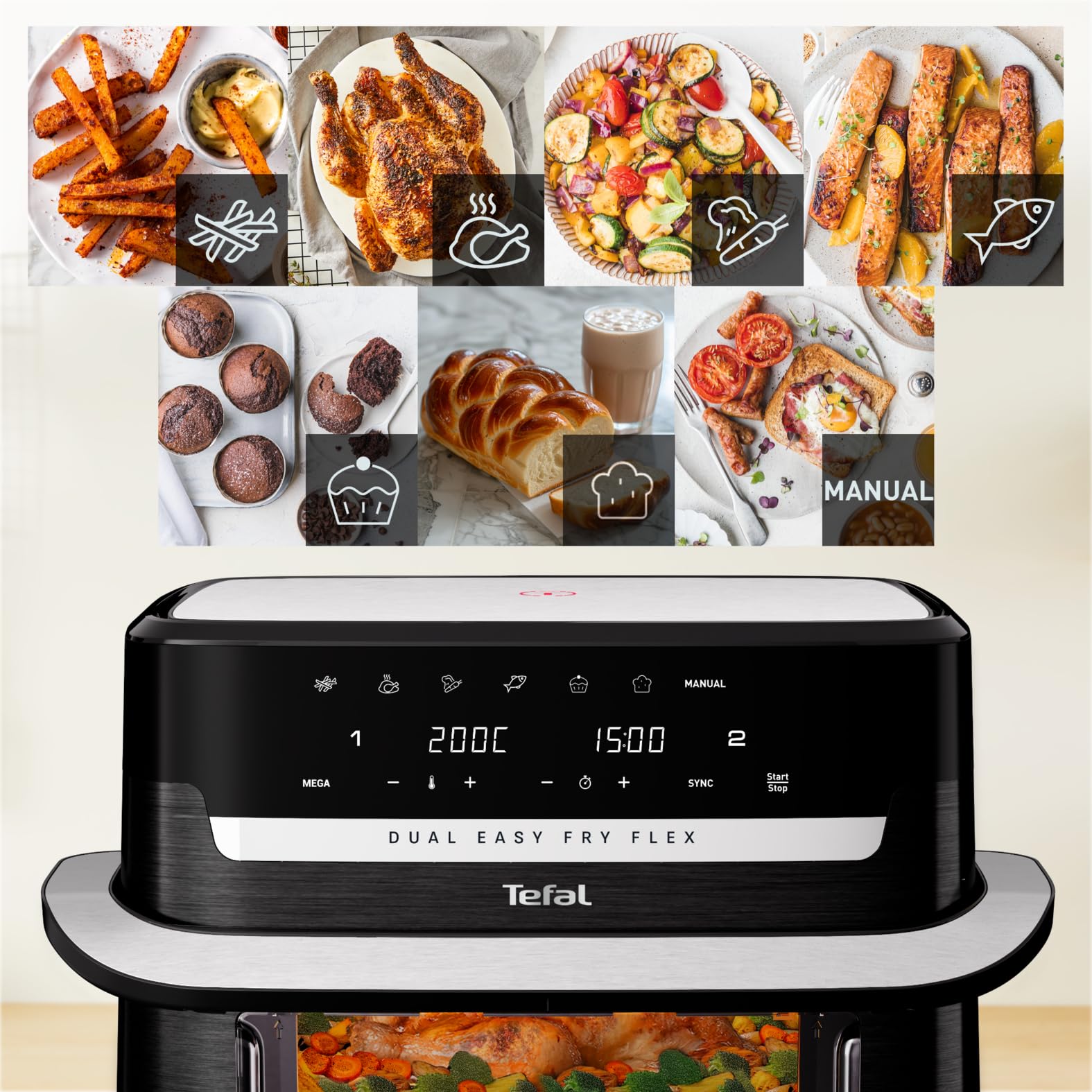 TEFAL EY9228E0 Dual Easy Fry Flex, frytkownica na gorące powietrze, FlexCook, ścianka działowa, 2700W, pojemność 9 l, 7 różnych trybów, 2 niezależne strefy gotowania, czarna,