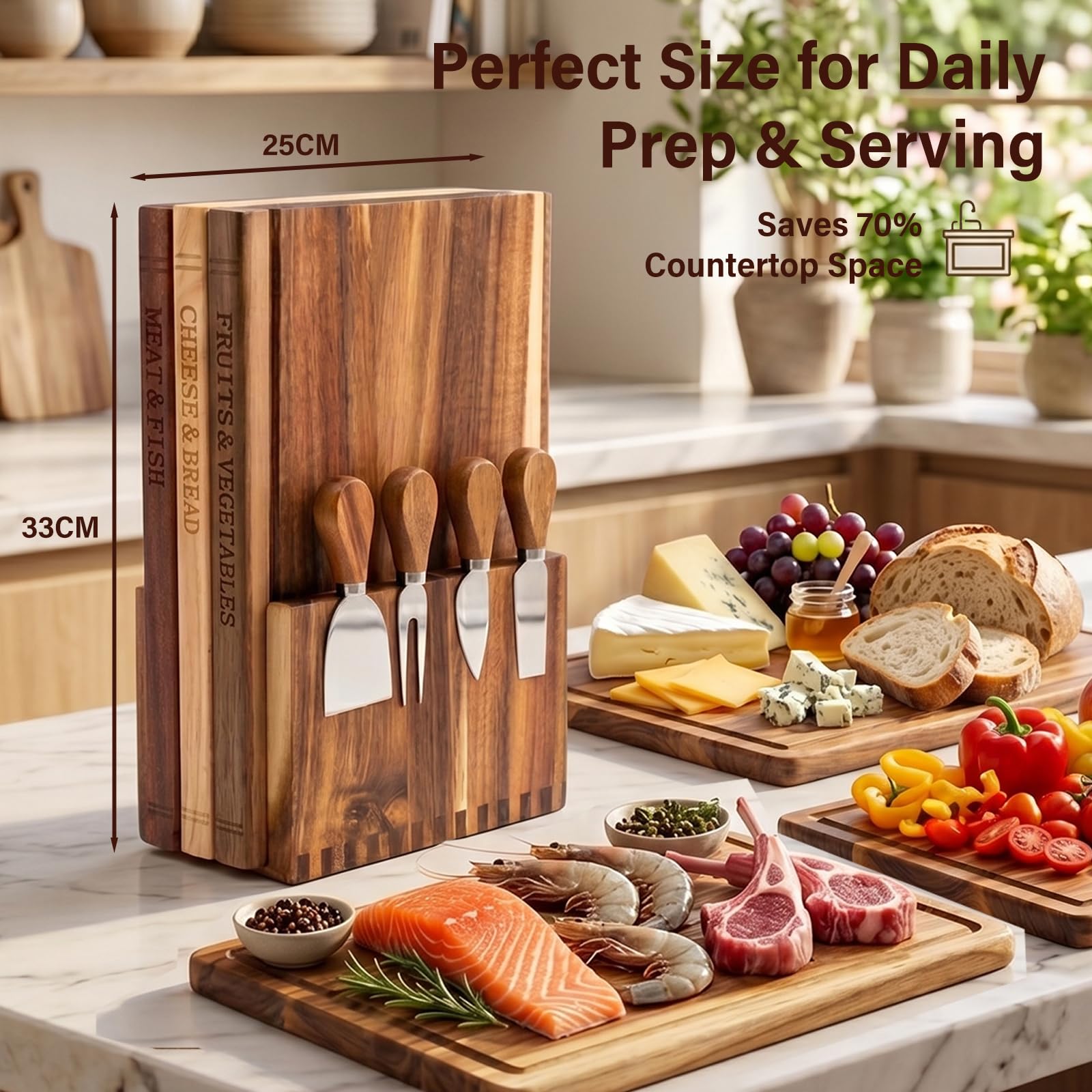 Set de 3 Tablas de Cortar con Forma de Libro para Cocina, Tabla de Quesos y Jamón de Acacia con 4 Cuchillos y Soporte, Regalo de Inauguración de Casa, 33x25x2 cm