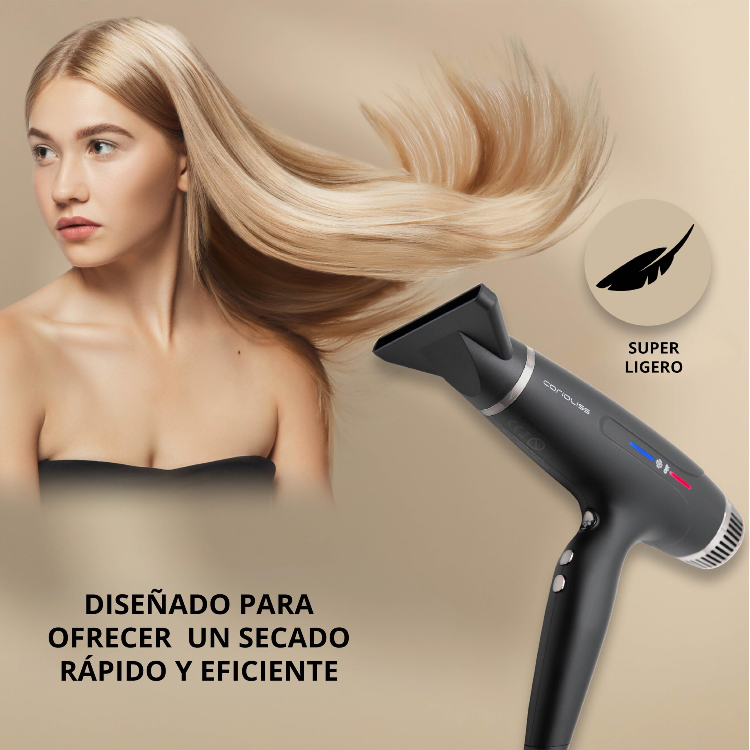 Corioliss Typhoon Secador de Pelo Profesional | Silencioso | Motor BLDC 2400W | Ligero 417 Gr. | Potente | Iónico Antifrizz | Difusor y 2 Boquillas | Black Chrome