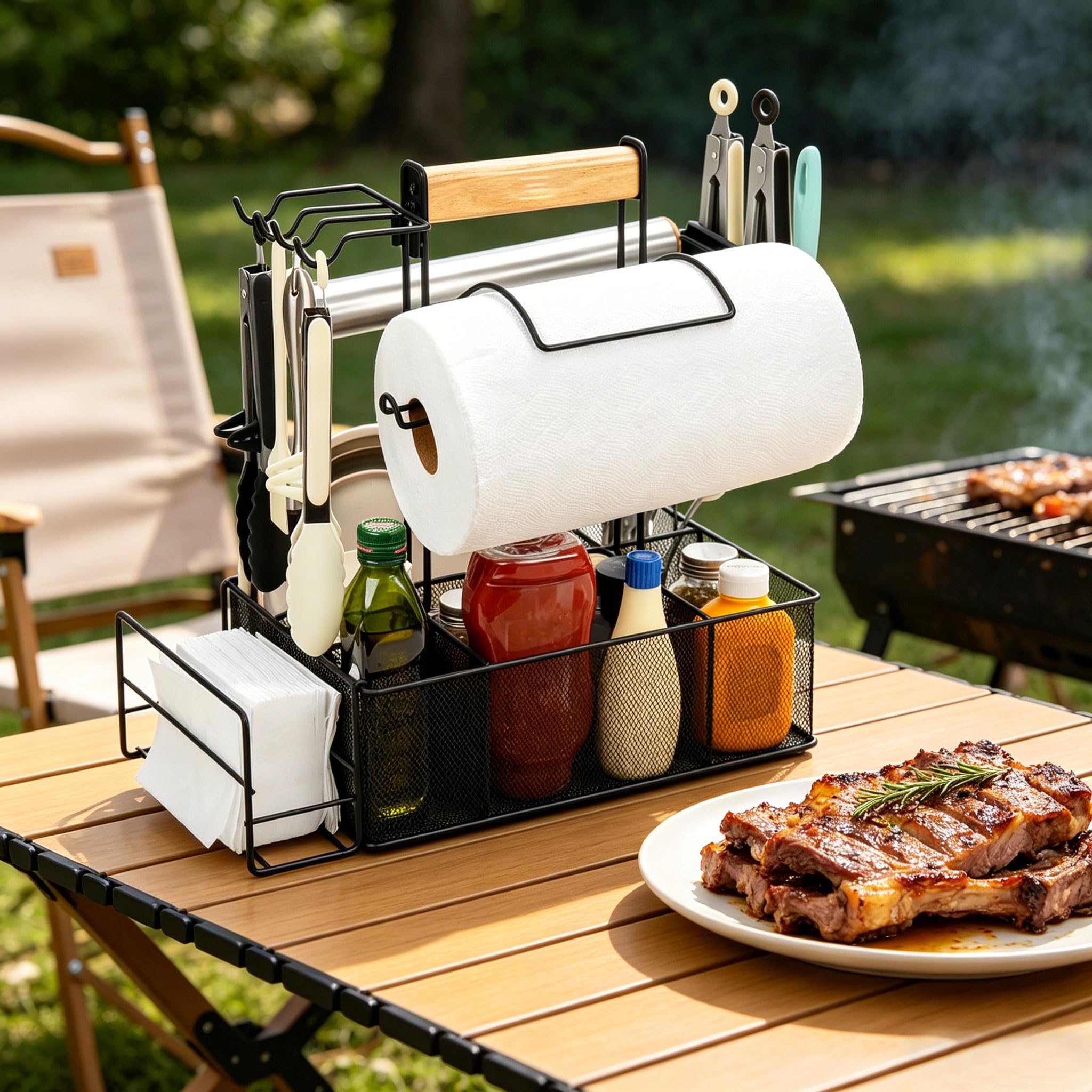 Robusto portautensili per Barbecue in Metallo con 6 sezioni e Ganci per riporre Attrezzature da Cucina all ' Aperto Rastrelliera per condimenti per Barbecue con Ganci