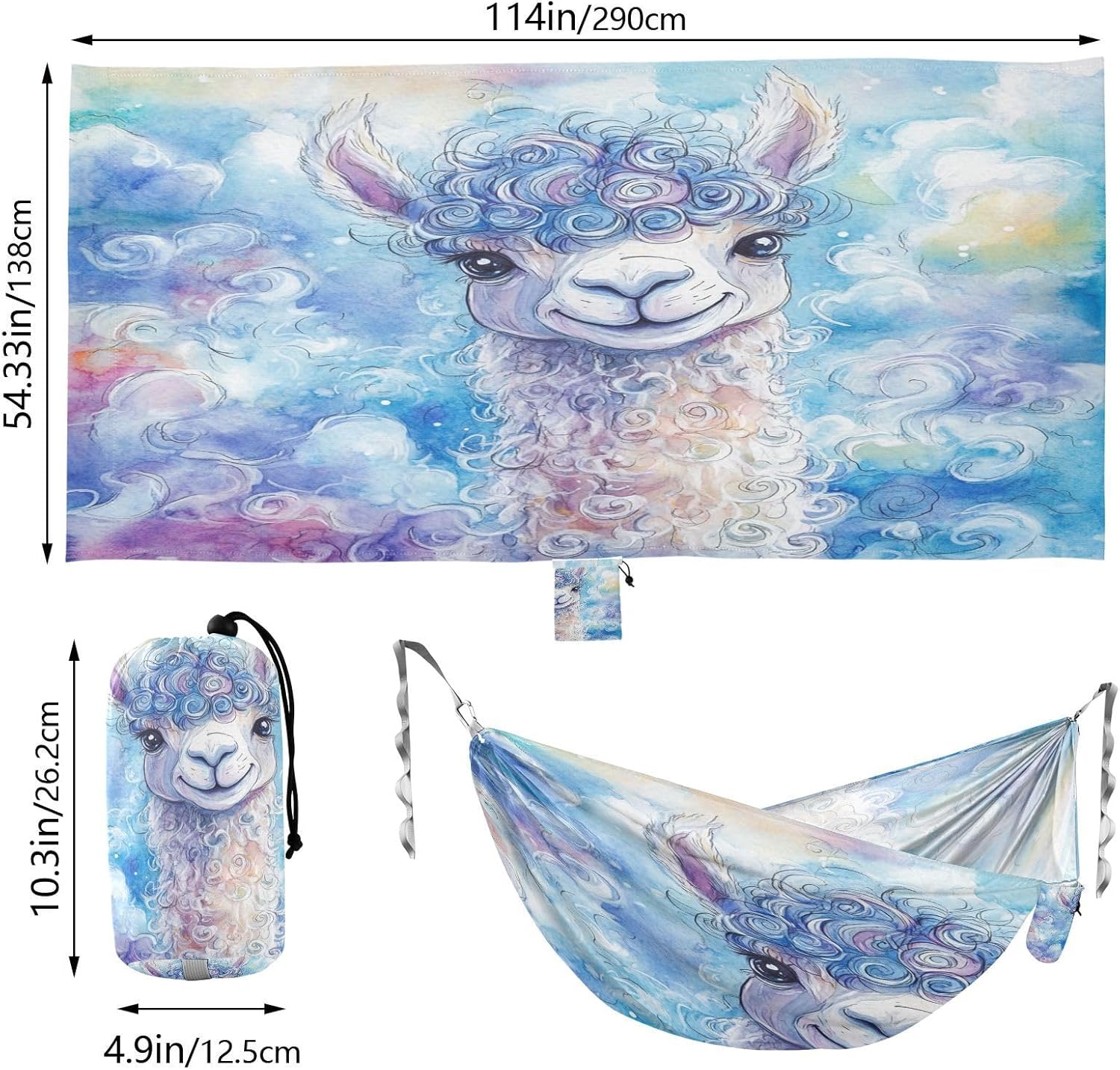 ALAZA Curly Llama Watercolor Alpaca Camping Hammocks Single or 2 Person 500 lbs Portable Parachute Travel Hammock w/Tree Straps for Hiking Backpacking Indoor Outdoor