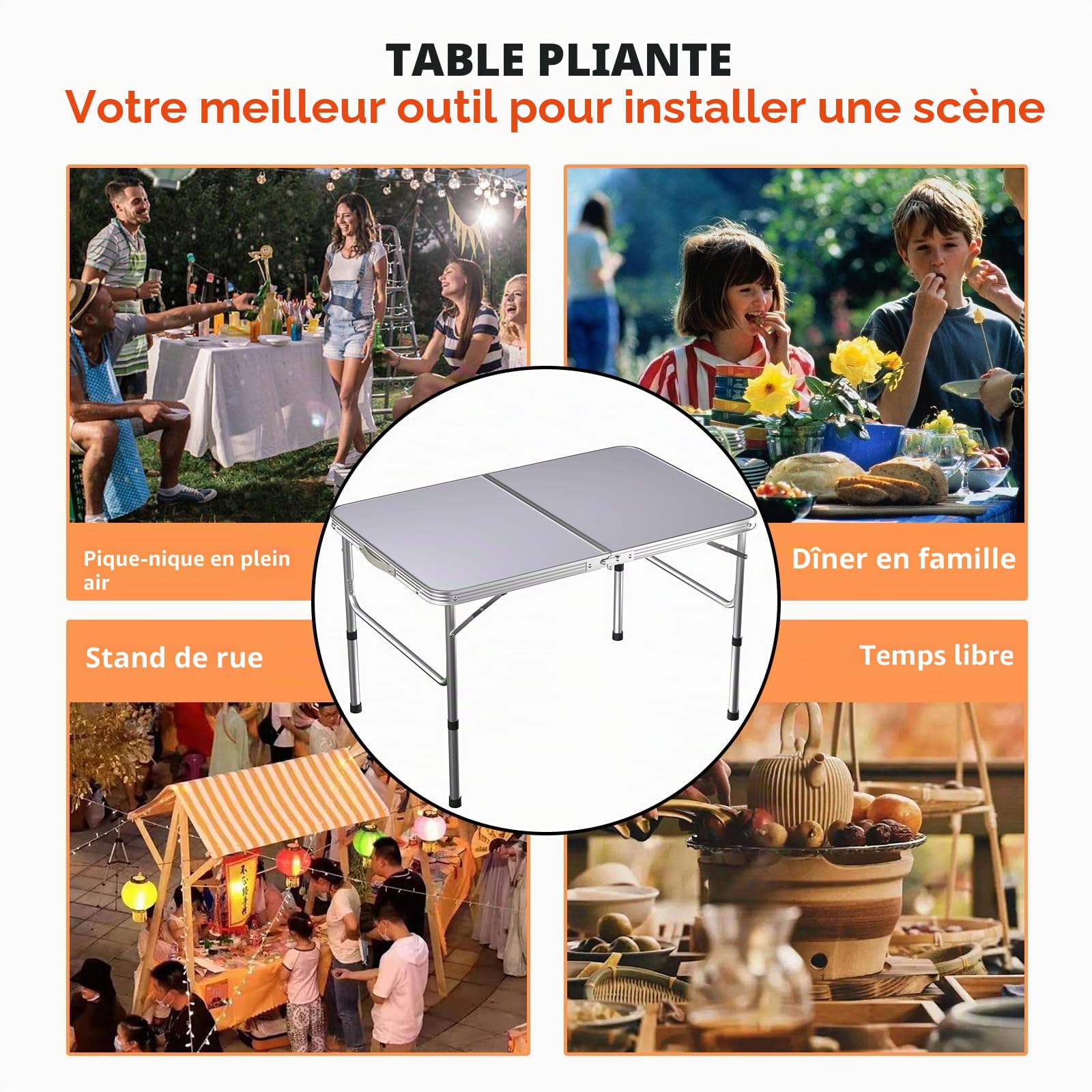 Table Pique-Nique Pliante 90x60cm, Petite Table Valise de Camping Pliante 2 Hauteur Ajustable 37/67cm, Structure Aluminium + Plateau MDF pour Repas Intérieur Extérieur Jardin BBQ et Plage