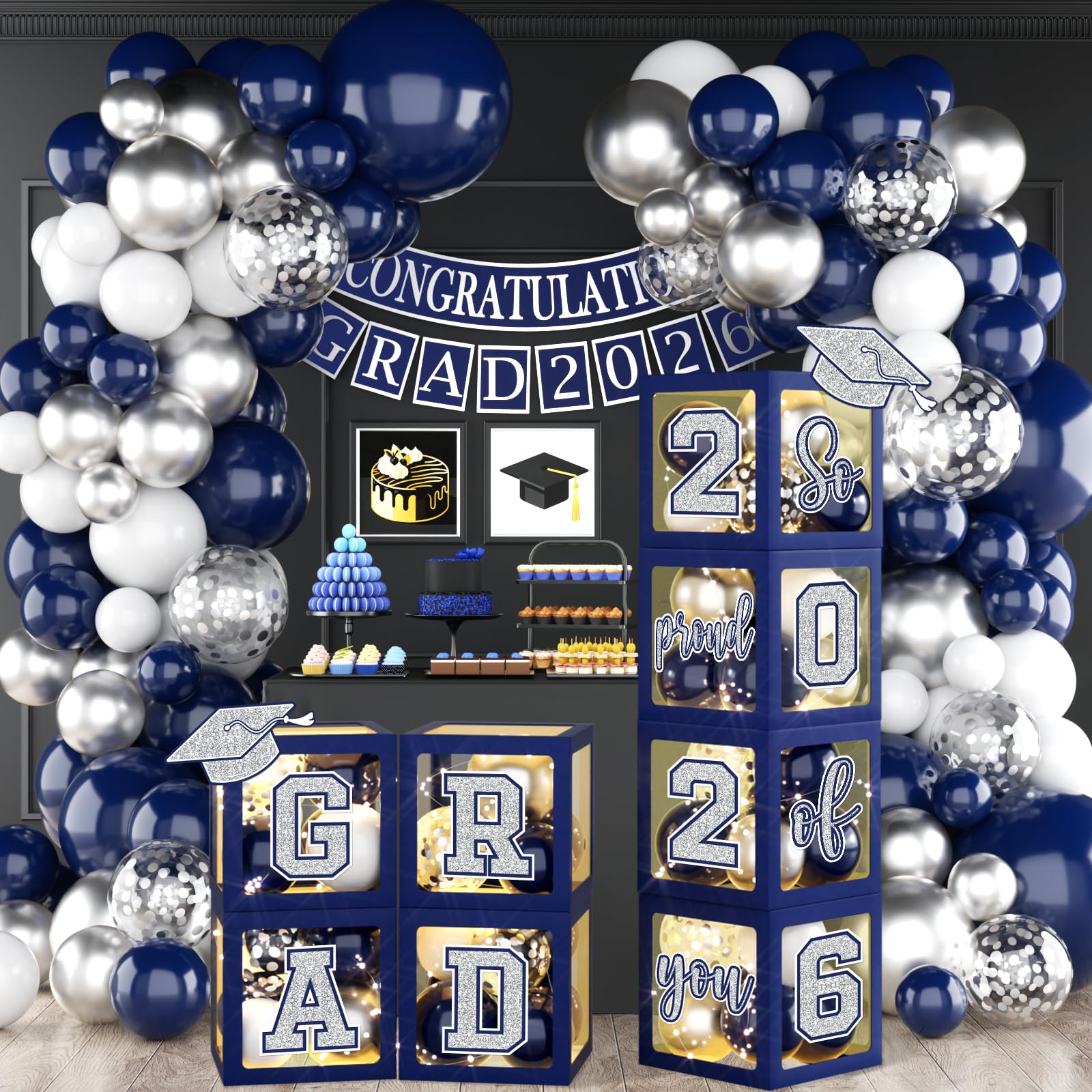 Photo 1 of Graduation Decorations Class Of 2026,Navy Blue and Silver Graduation Decorations 2026 Boxes Balloon Arch With Letters 2026 Grad So Proud Of You for High School College Party