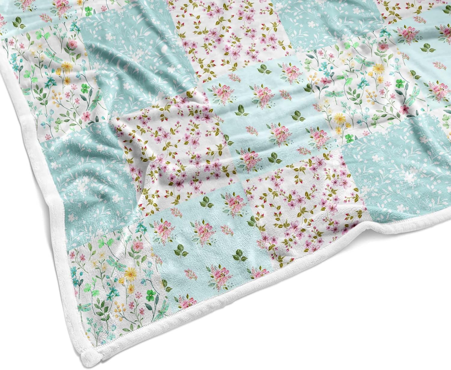Floral Blankets Light Blue Floral Patchwork Blanket, Botanical Flowers Throw Blanket, Soft, Flannel, Warm, Flowers Bed Blankets All Season for Couch Bedroom Living Room 50X60 Inch