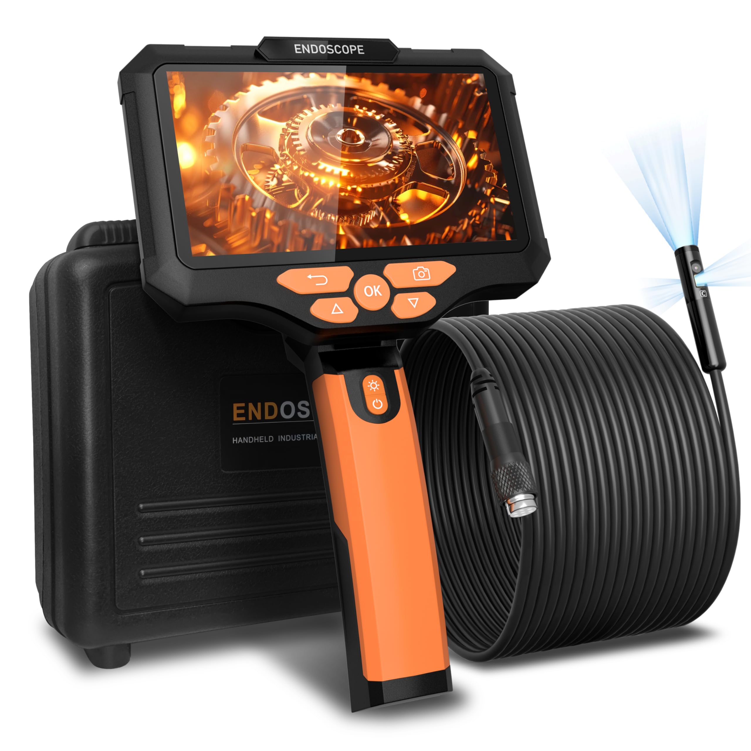Endoscopio 20M Triple Lente, 1080p Endoscopio Tuberias Camara de Inspeccion con Pantalla IPS HD de 5 Pulgadas, Endoscopio Industrial Camara IP67 con 8+2 Luces LED, 7.9MM, 64 GB de RAM
