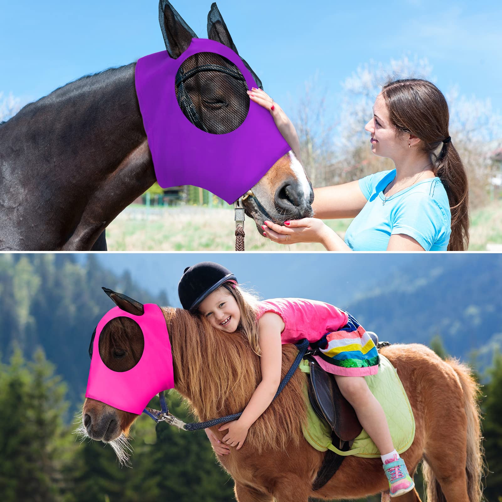 Weewooday 2 Pieces Horse Fly Masks for Horses Horse Mask with Ears Smooth and Elasticity Fly Mask with UV Protection(Purple, Pink,L) 4