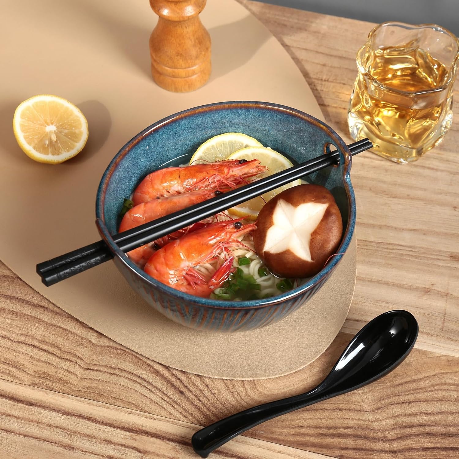 Ceramic Ramen Bowl with Chopsticks and Spoons Set, 6.7 Inch Noodle Bowl Set for Pho Udon Soba, Set of 2 (Sky Blue)