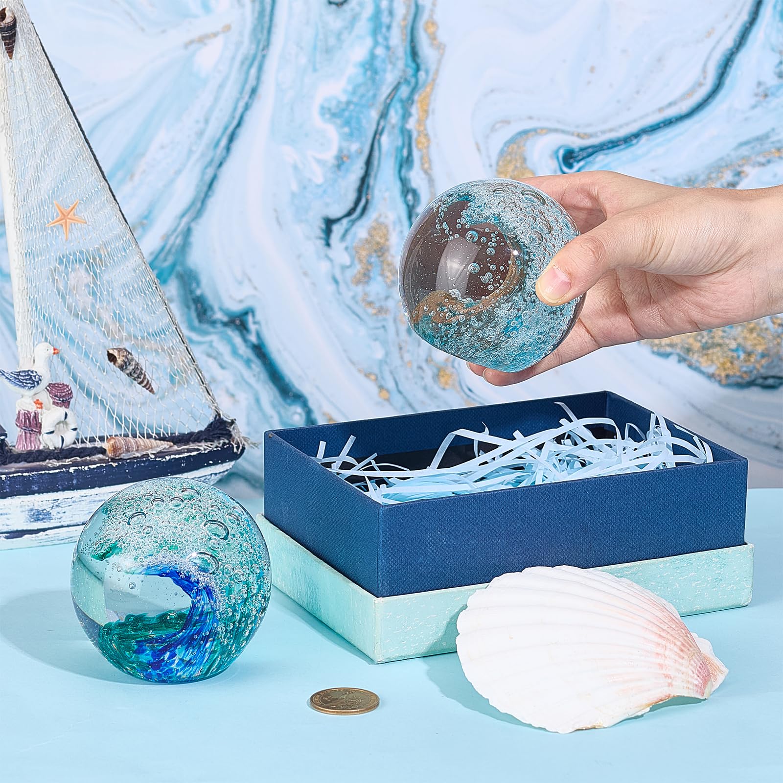 2 Stück Mundgeblasene Glaskugel In Form Einer Ozeanwelle Blaue Meereswellen Kristallfigur Briefbeschwerer Kugelförmiges Kristallkunstwerk Für Zuhause Büro Nautische Dekoration