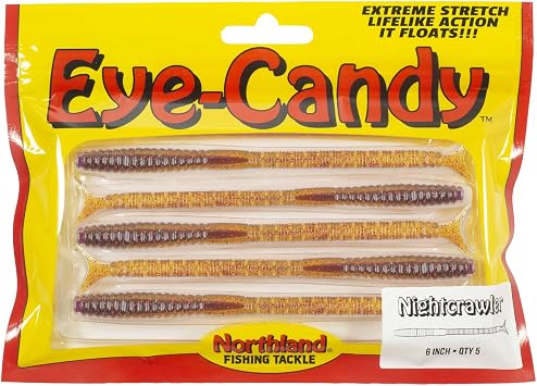 Northland Tackle Eye Candy Nightcrawler Floating 6" Soft Plastic Worm Lure for Walleye Fishing, 8 Realistic Colors, 5 Baits Per Pack