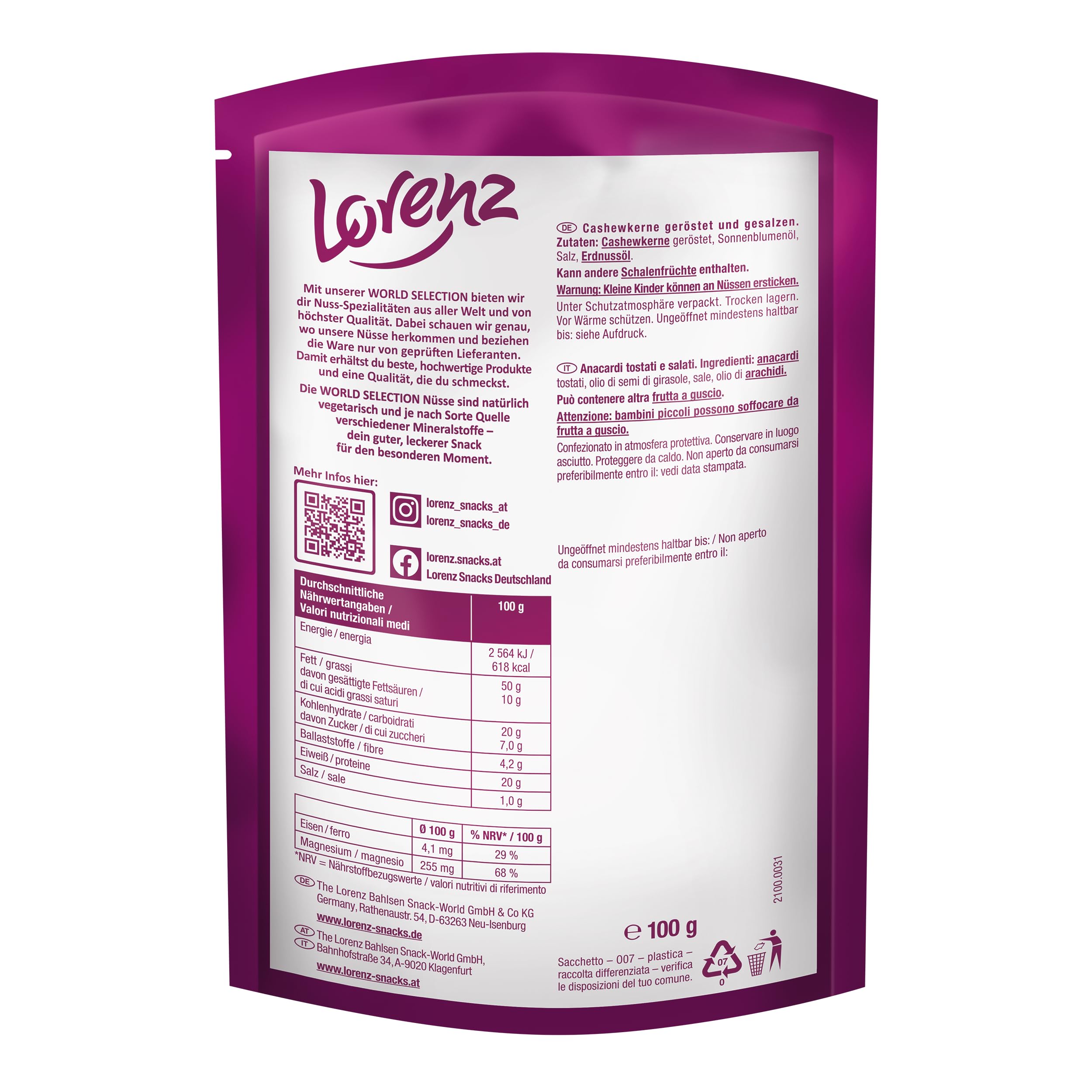 LORENZ | Cashews geröstet & gesalzen | 12 x 100 g | vegan