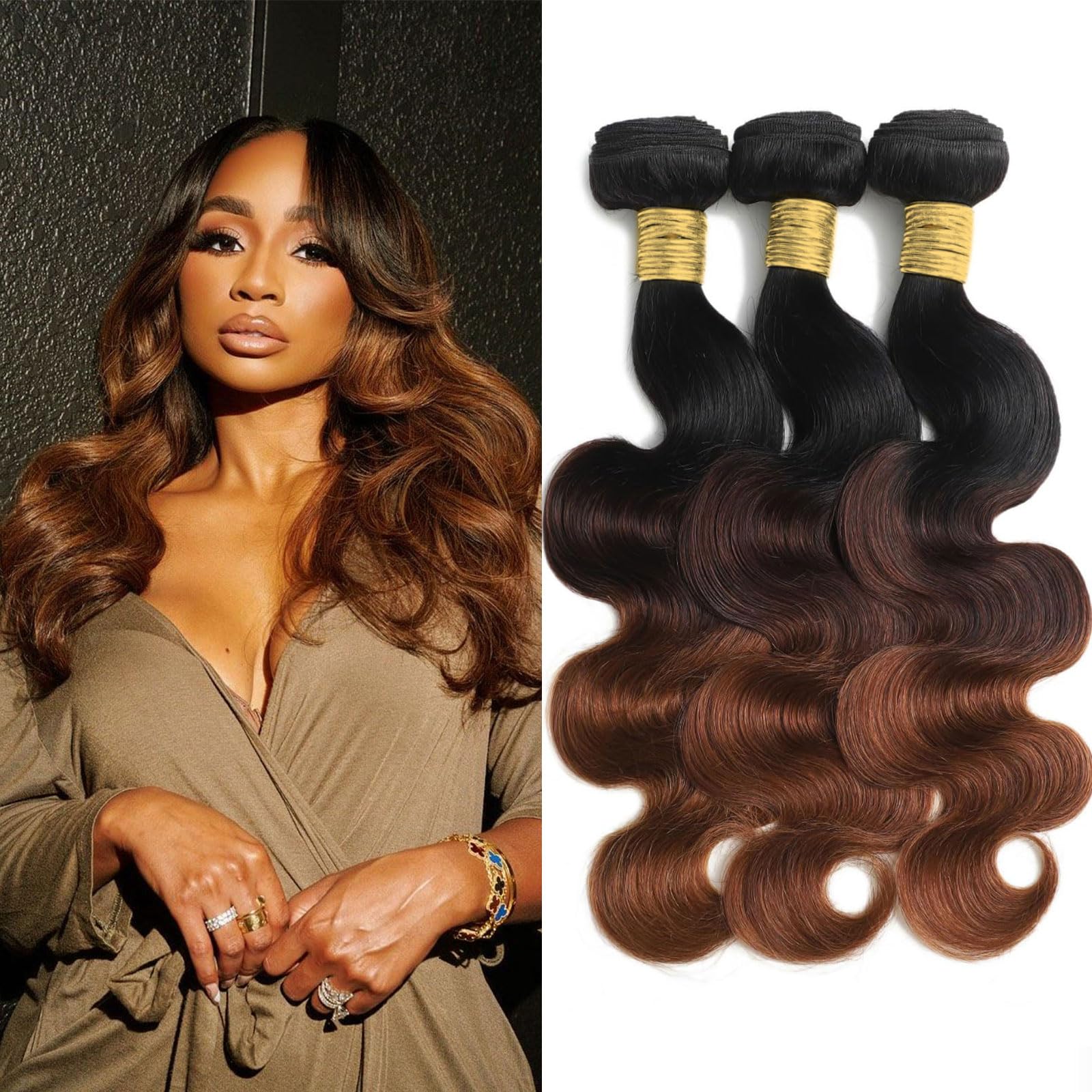 T1B/2/30 Chestnut Brown Ombre Human Hair Bundles Body Wave 100% Real Virgin Human Hair Bundles 24 26 28 Inch Dark Roots Bundle 3 Tone Ombre Medium